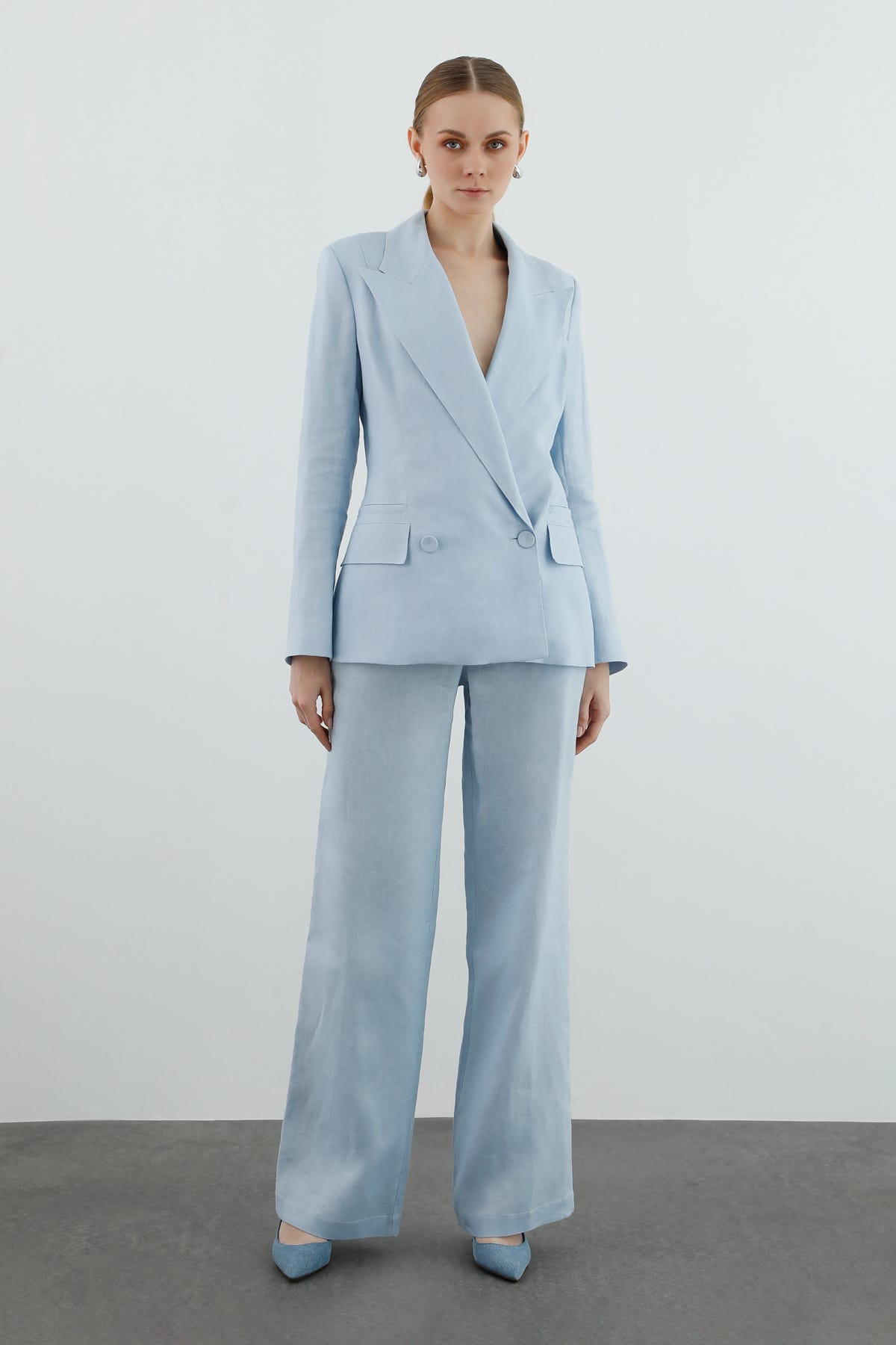 Kruvaze Kapamalı Uzun Kollu Keten Ceket