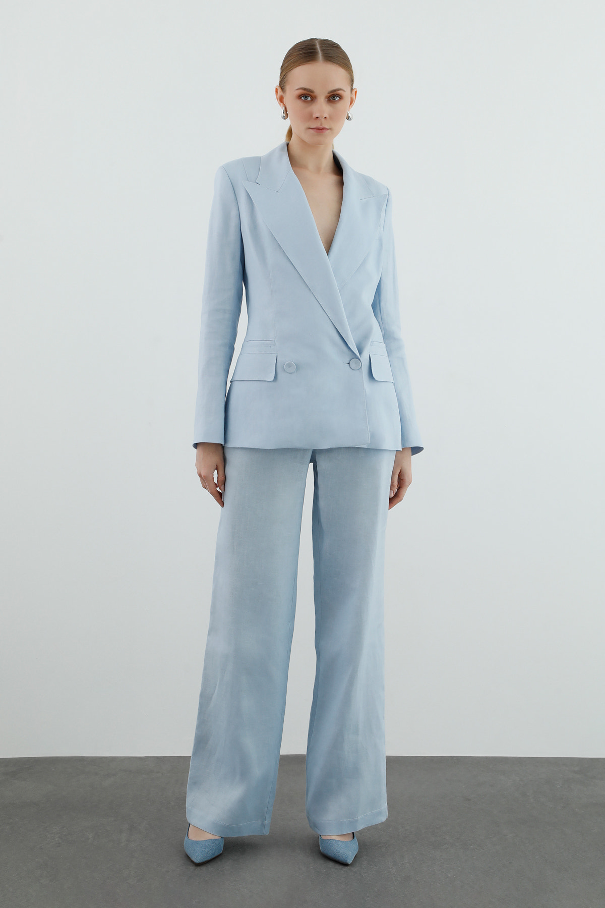 Kruvaze Kapamalı Uzun Kollu Keten Ceket