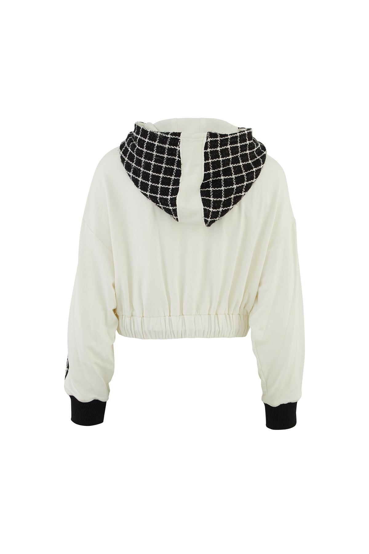 Ekose Detaylı İşlemeli Kapşonlu Ekru Sweatshirt