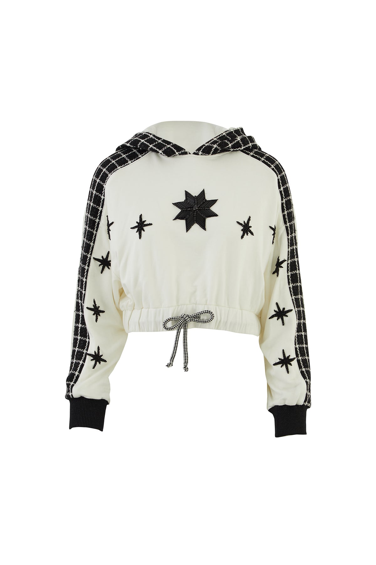 Ekose Detaylı İşlemeli Kapşonlu Ekru Sweatshirt