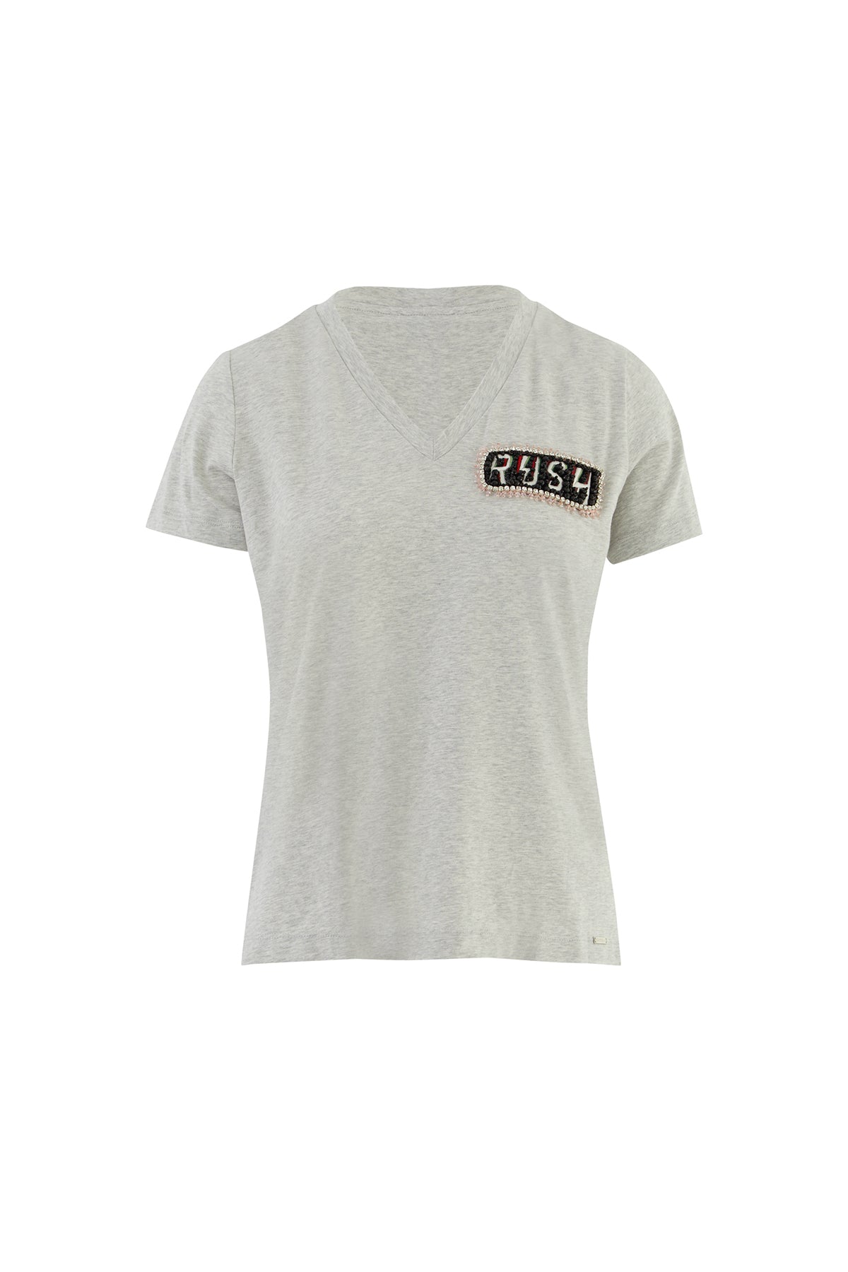 İşleme Arma Detaylı V Yaka Basic Gri T-Shirt