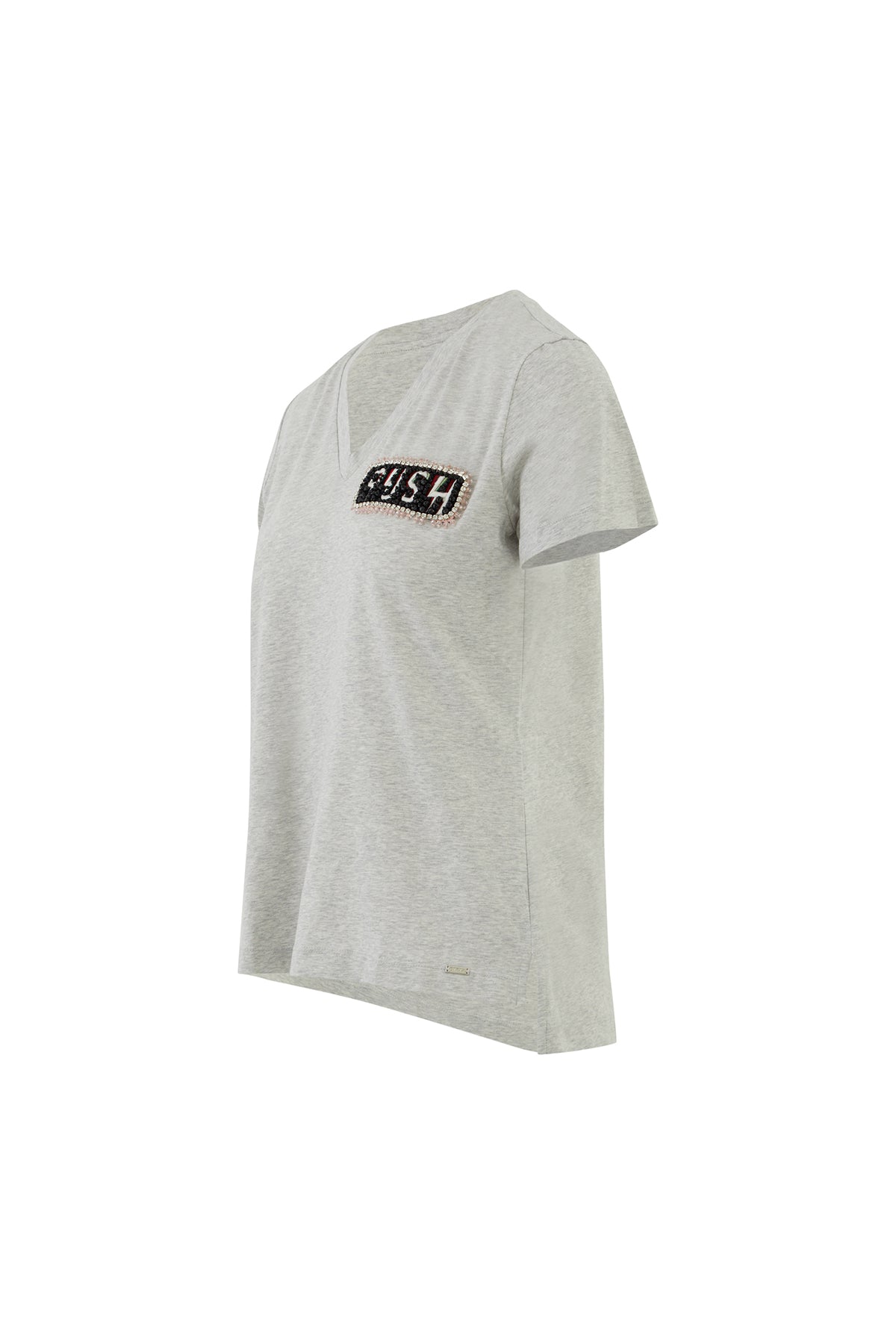 İşleme Arma Detaylı V Yaka Basic Gri T-Shirt