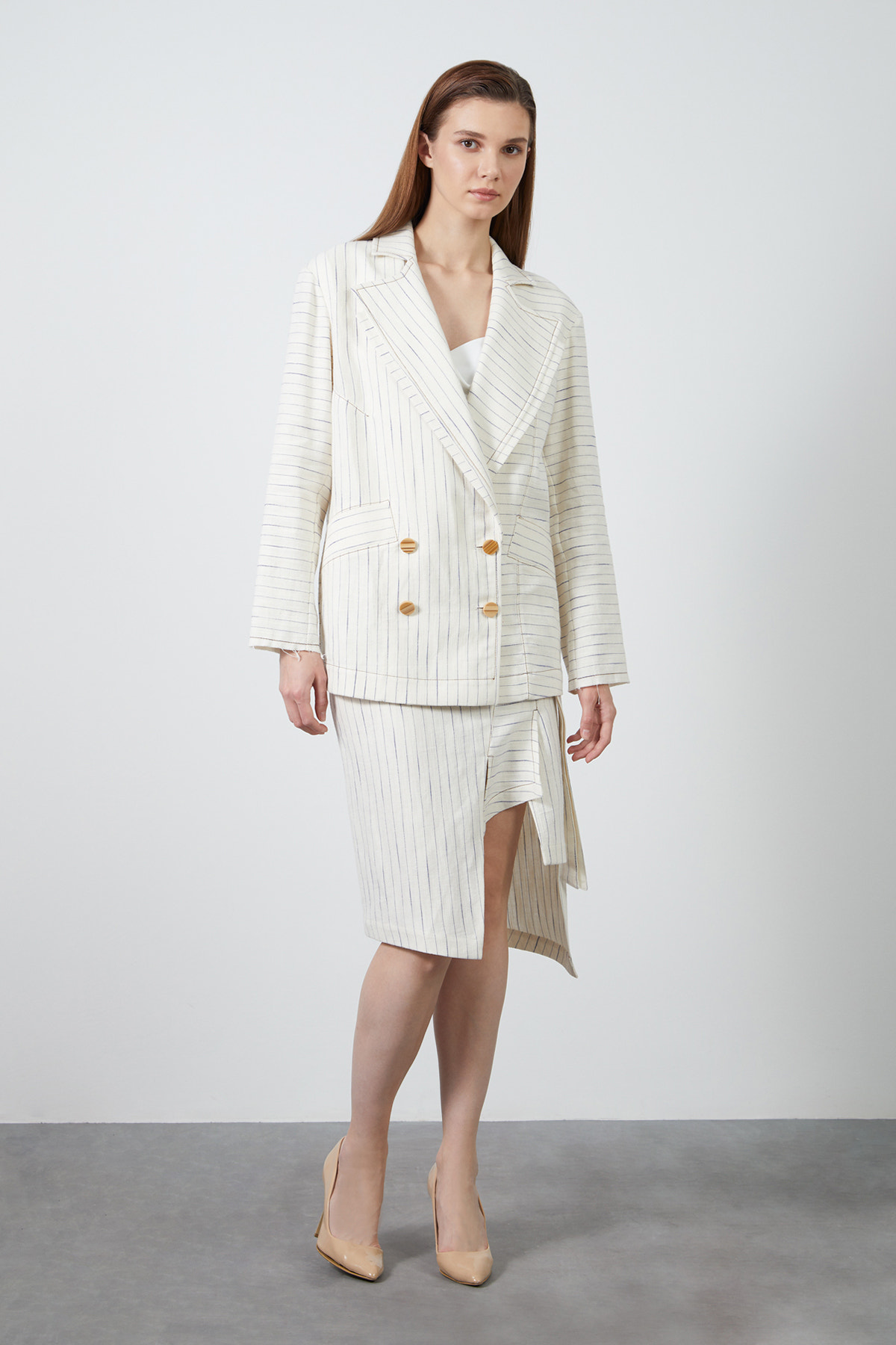 Kontrast Dikişli Kruvaze Kapama Ceket