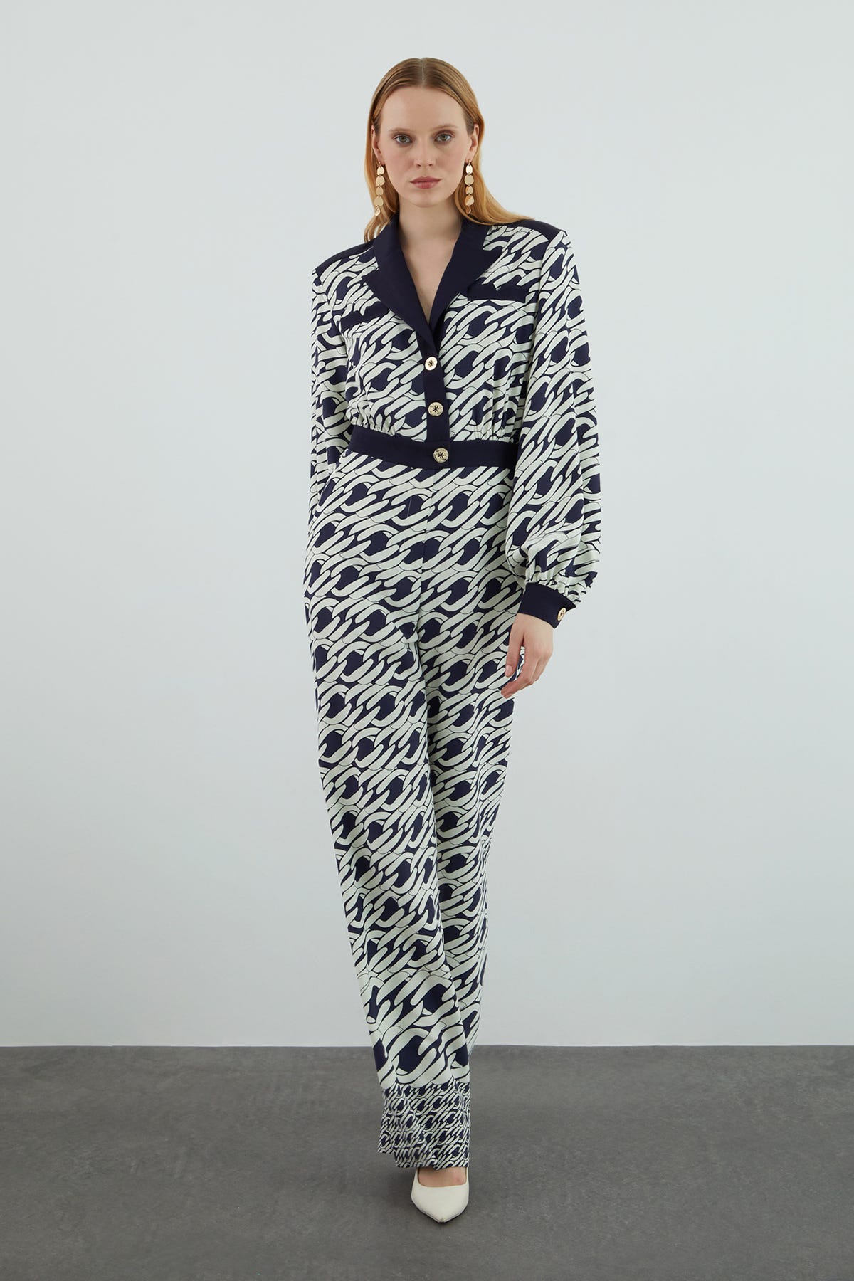 Yaka Detaylı Metal Düğmeli Desenli Tulum