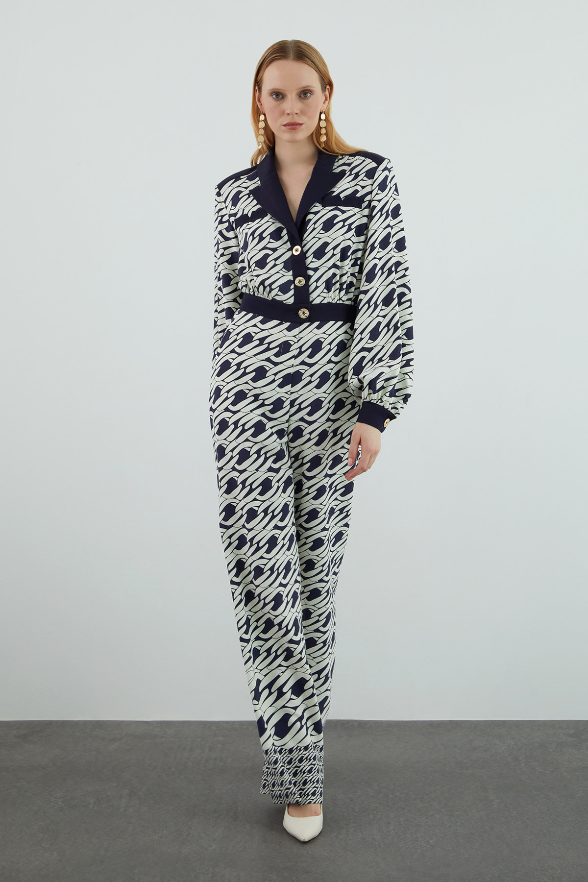 Yaka Detaylı Metal Düğmeli Desenli Tulum