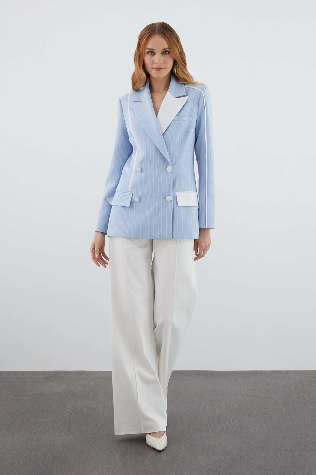 Çizgili Kumaşlı Palazzo Pantolonlu Takım