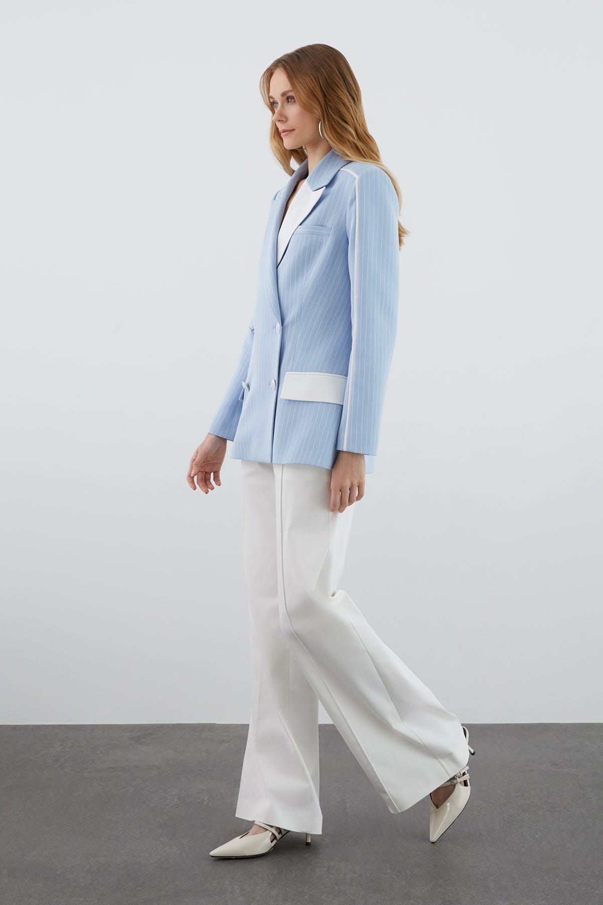 Çizgili Kumaşlı Palazzo Pantolonlu Takım