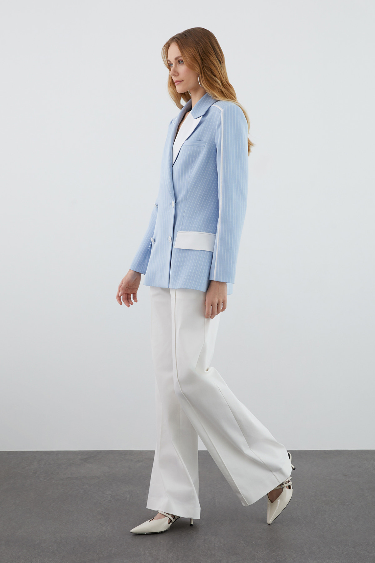 Çizgili Kumaşlı Palazzo Pantolonlu Takım