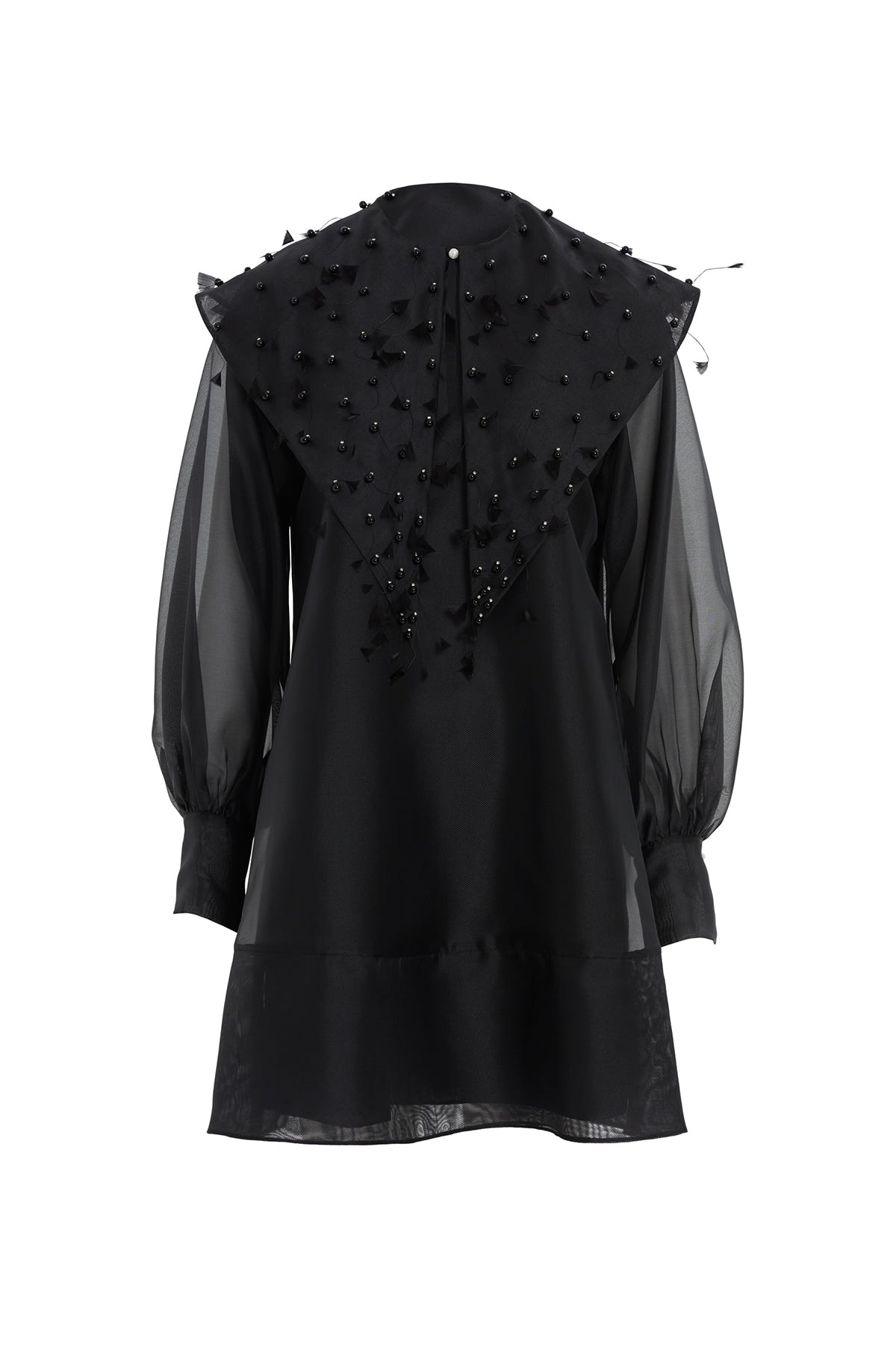 Kolları Tül Önü İşlemeli Kloş Mini Elbise