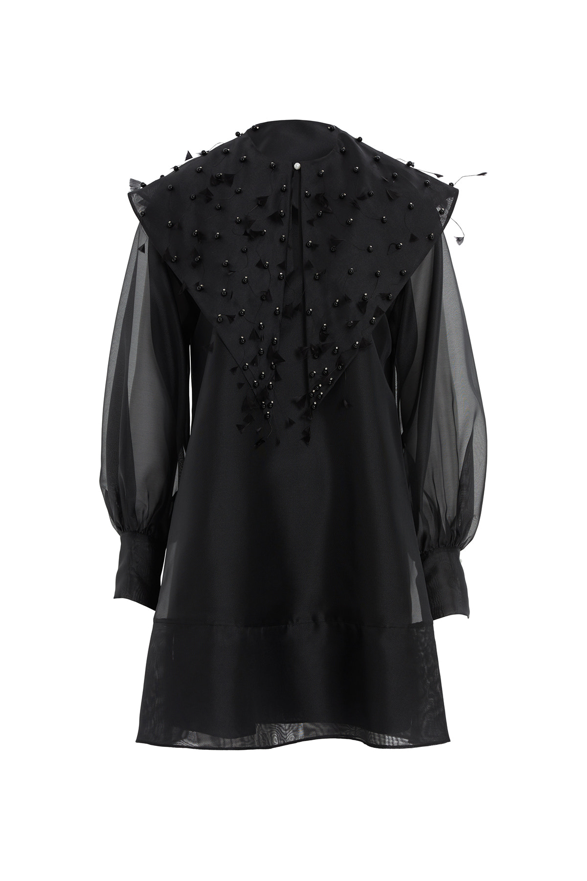 Kolları Tül Önü İşlemeli Kloş Mini Elbise