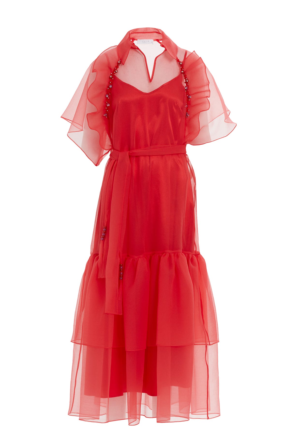 Tül Detaylı Uzun İşlemeli Uzun Elbise