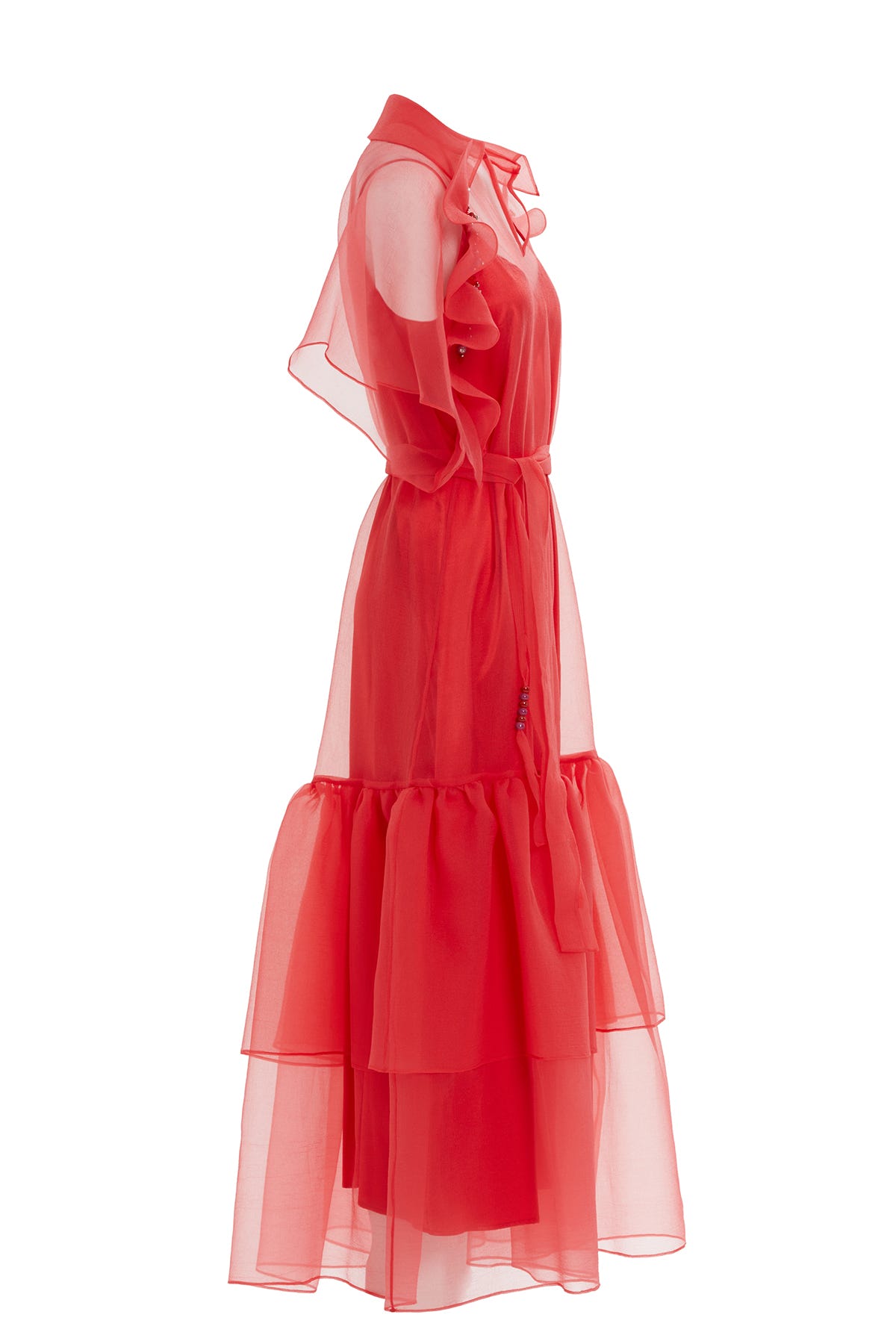 Tül Detaylı Uzun İşlemeli Uzun Elbise