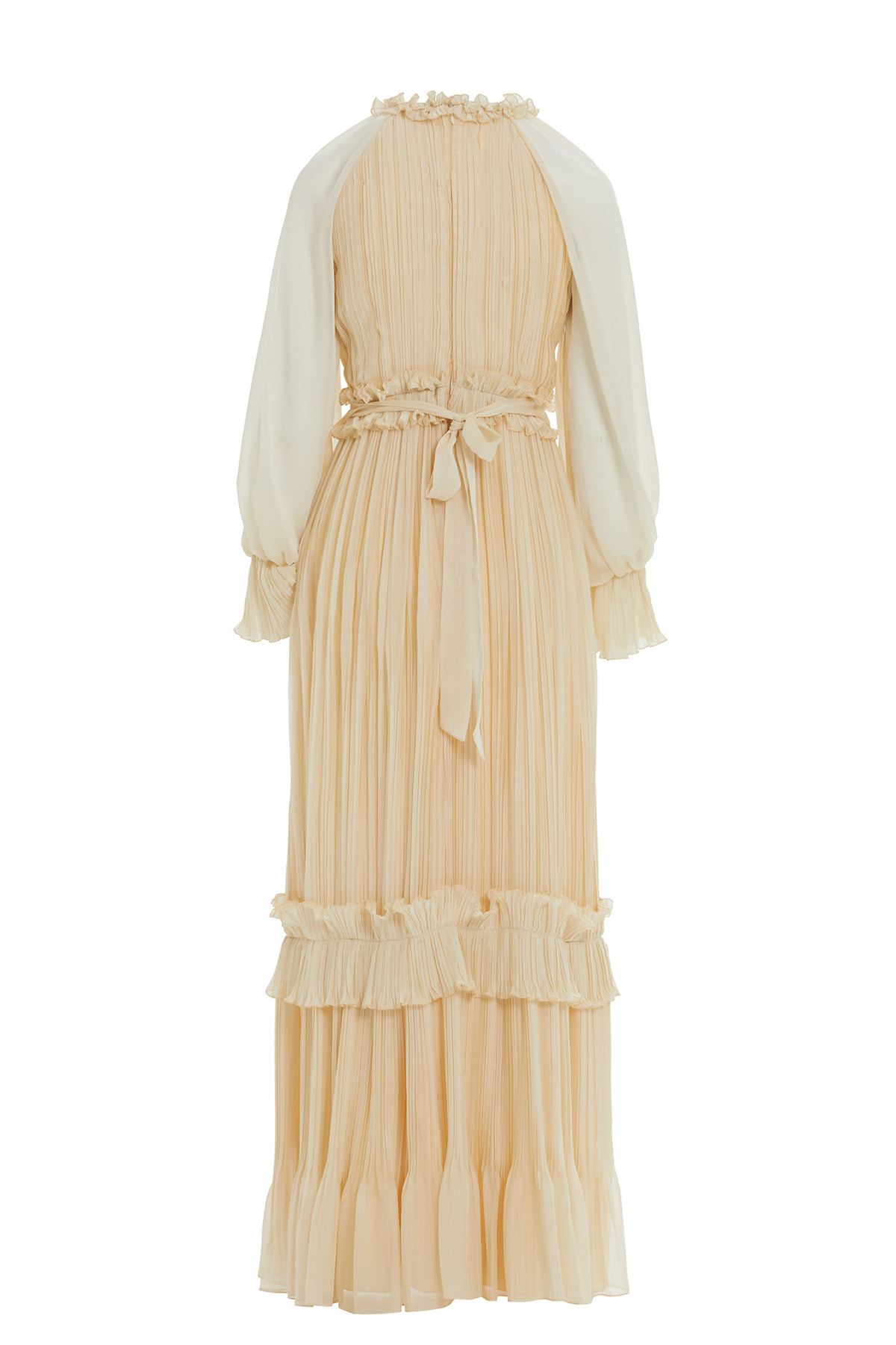 İşleme Detaylı Fırfırlı Piliseli Uzun Elbise