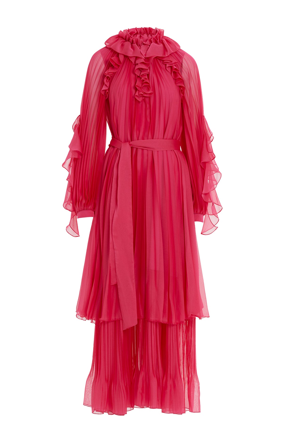 Fırfır Detaylı Uzun Şifon Pembe Elbise