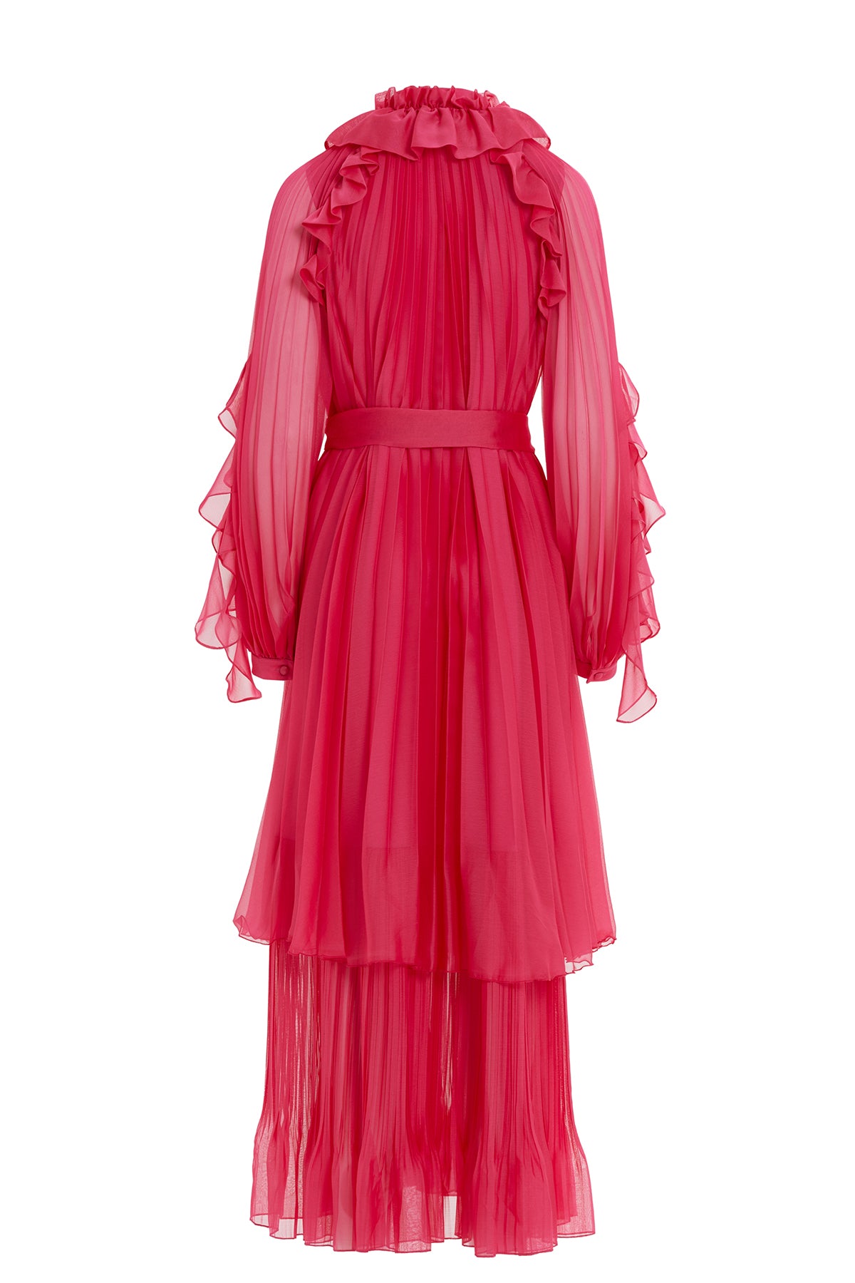 Fırfır Detaylı Uzun Şifon Pembe Elbise