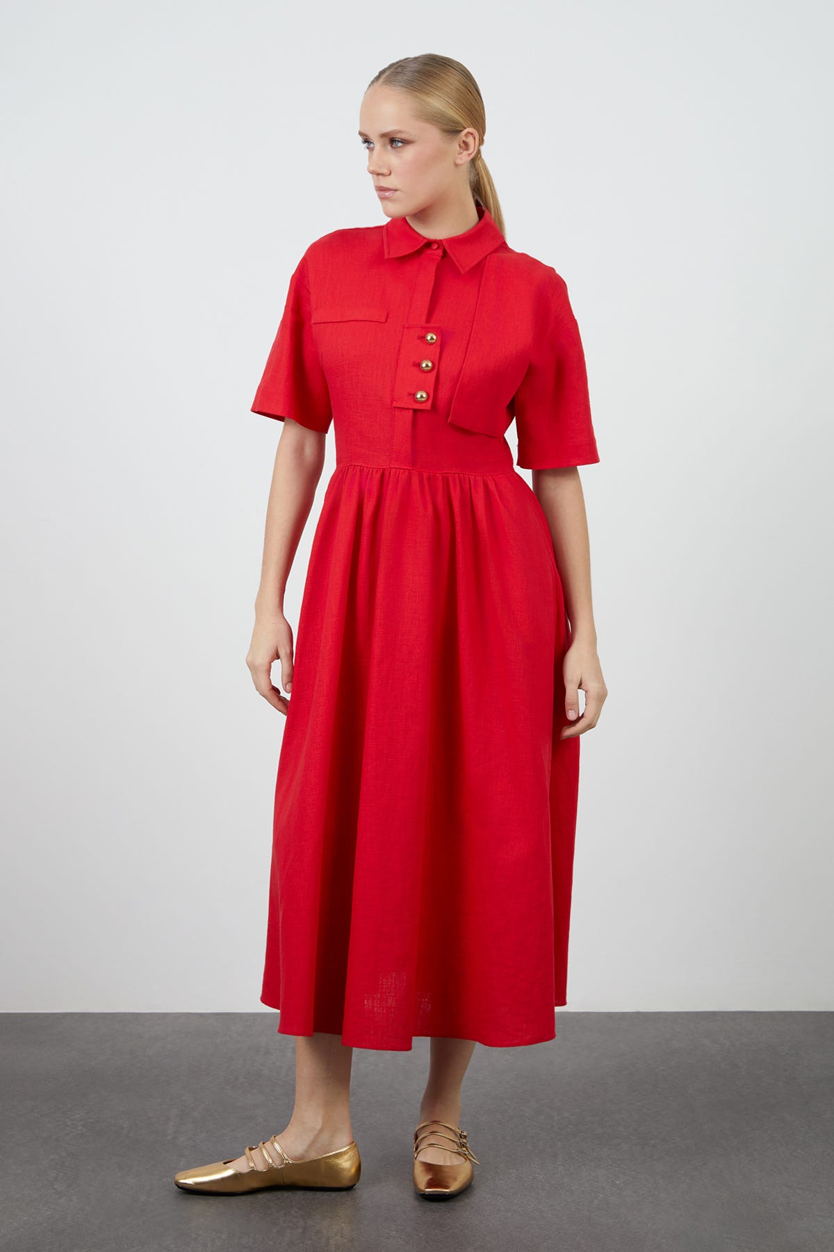 Gold Düğme Detaylı Maxi Boy Keten Elbise