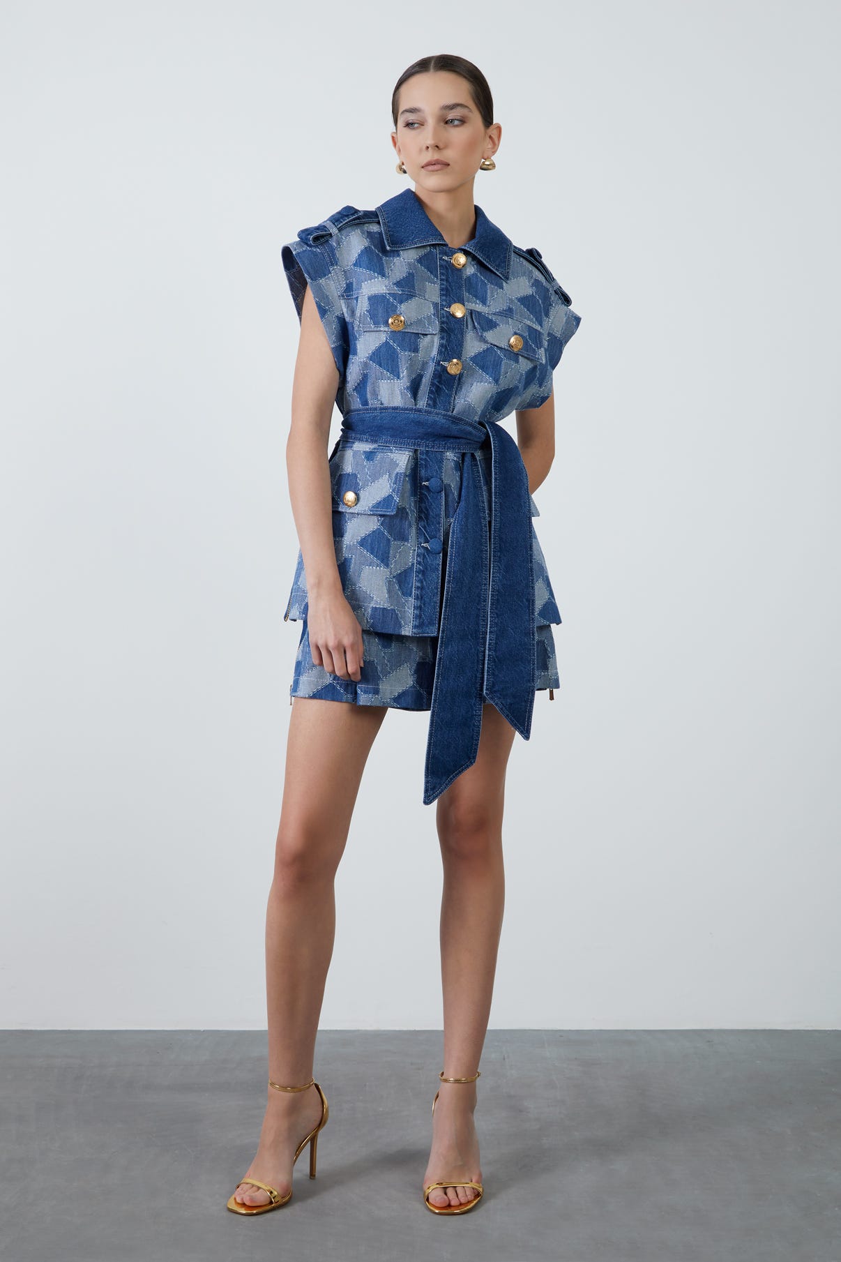 Çıkarılabilir Kuşak Detaylı Düğmeli Patchwork Ceket