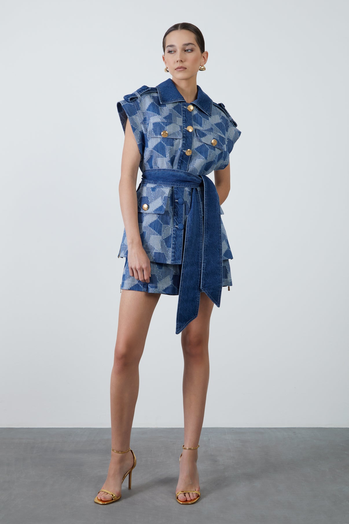 Çıkarılabilir Kuşak Detaylı Düğmeli Patchwork Ceket