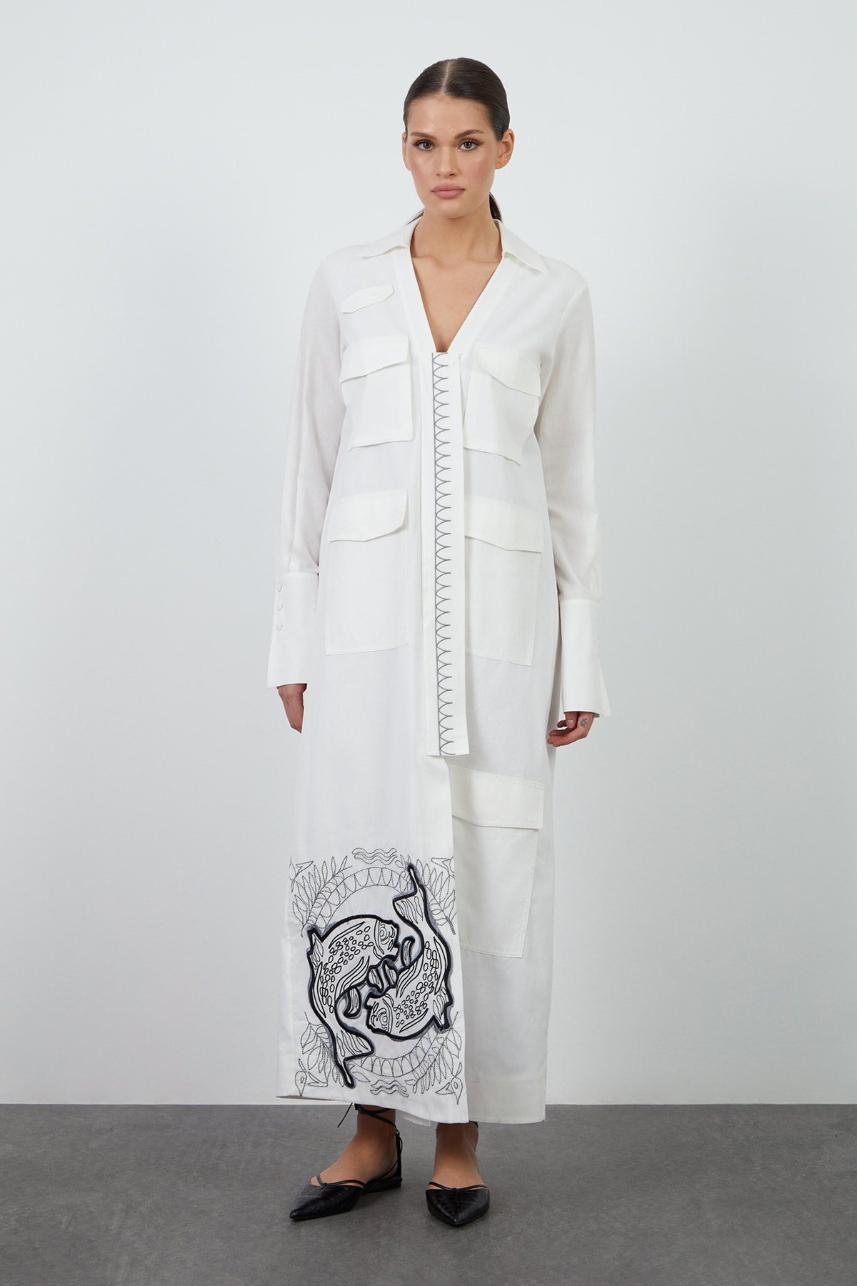 Nakış Ve Cep Detalı Gömlek Uzun Elbise