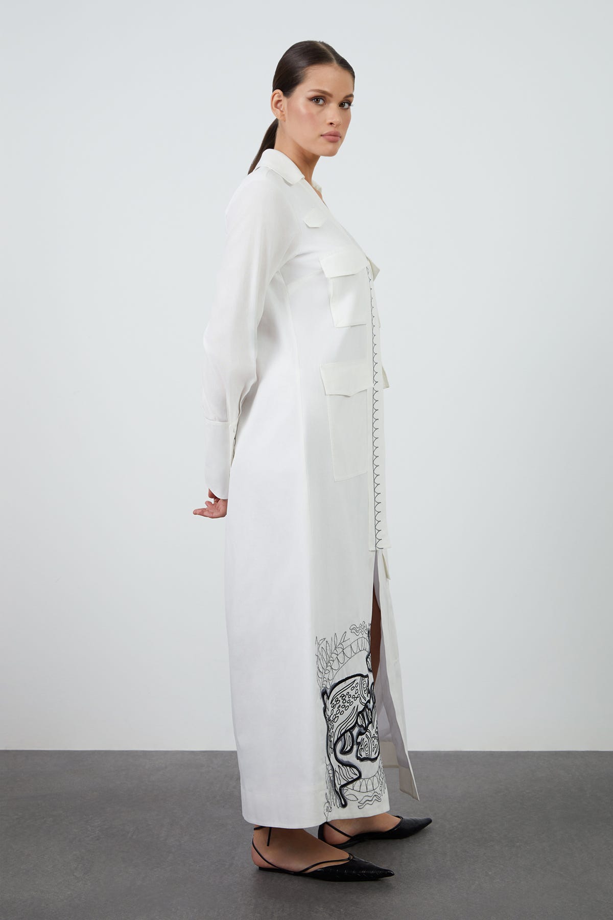 Nakış Ve Cep Detalı Gömlek Uzun Elbise