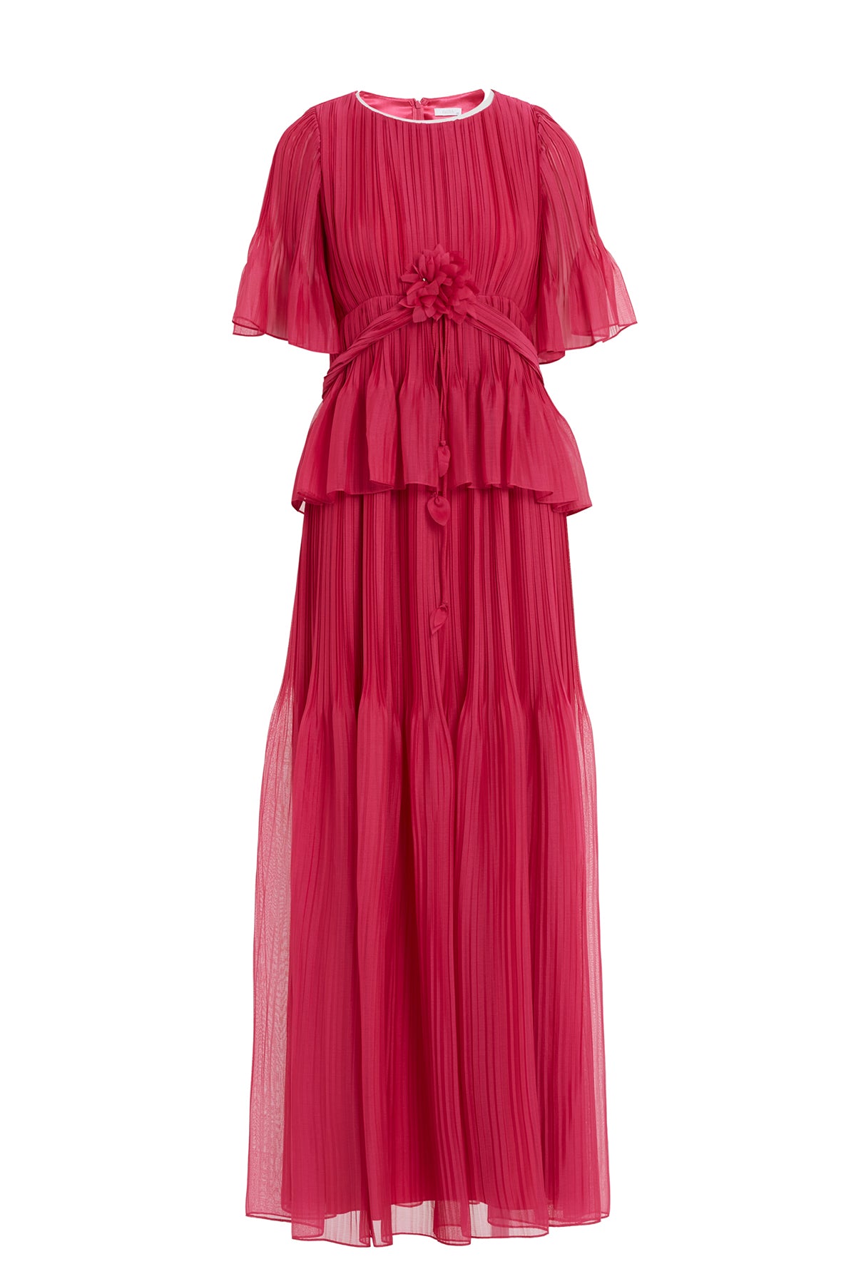 Çiçek Detaylı Piliseli Şifon Uzun Elbise