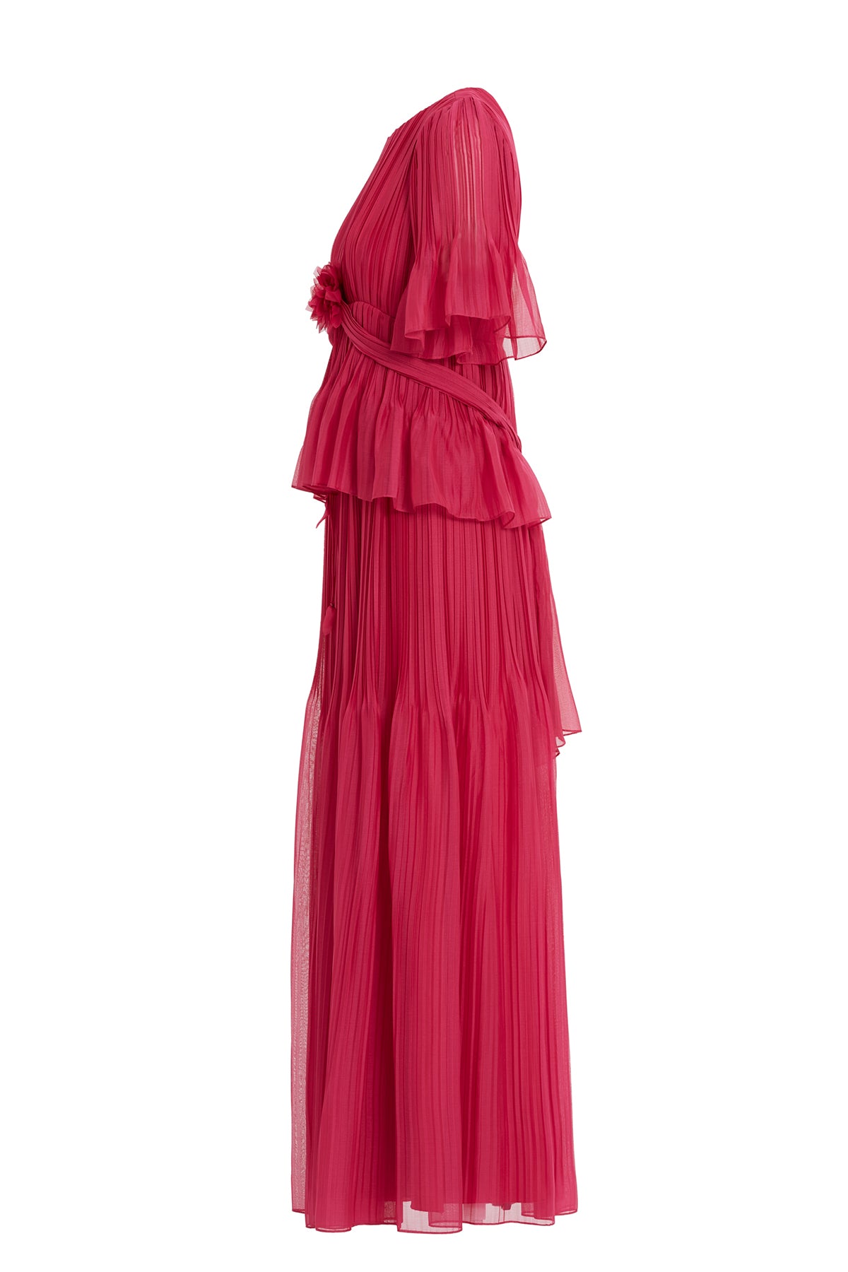 Çiçek Detaylı Piliseli Şifon Uzun Elbise