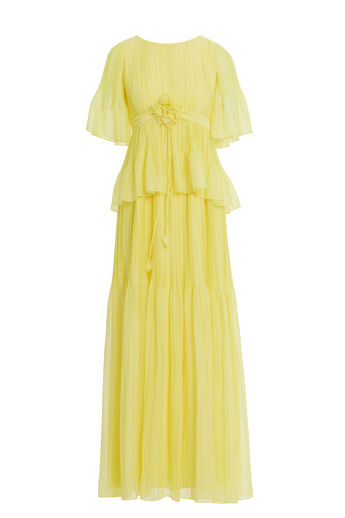 Çiçek Detaylı Piliseli Şifon Uzun Elbise