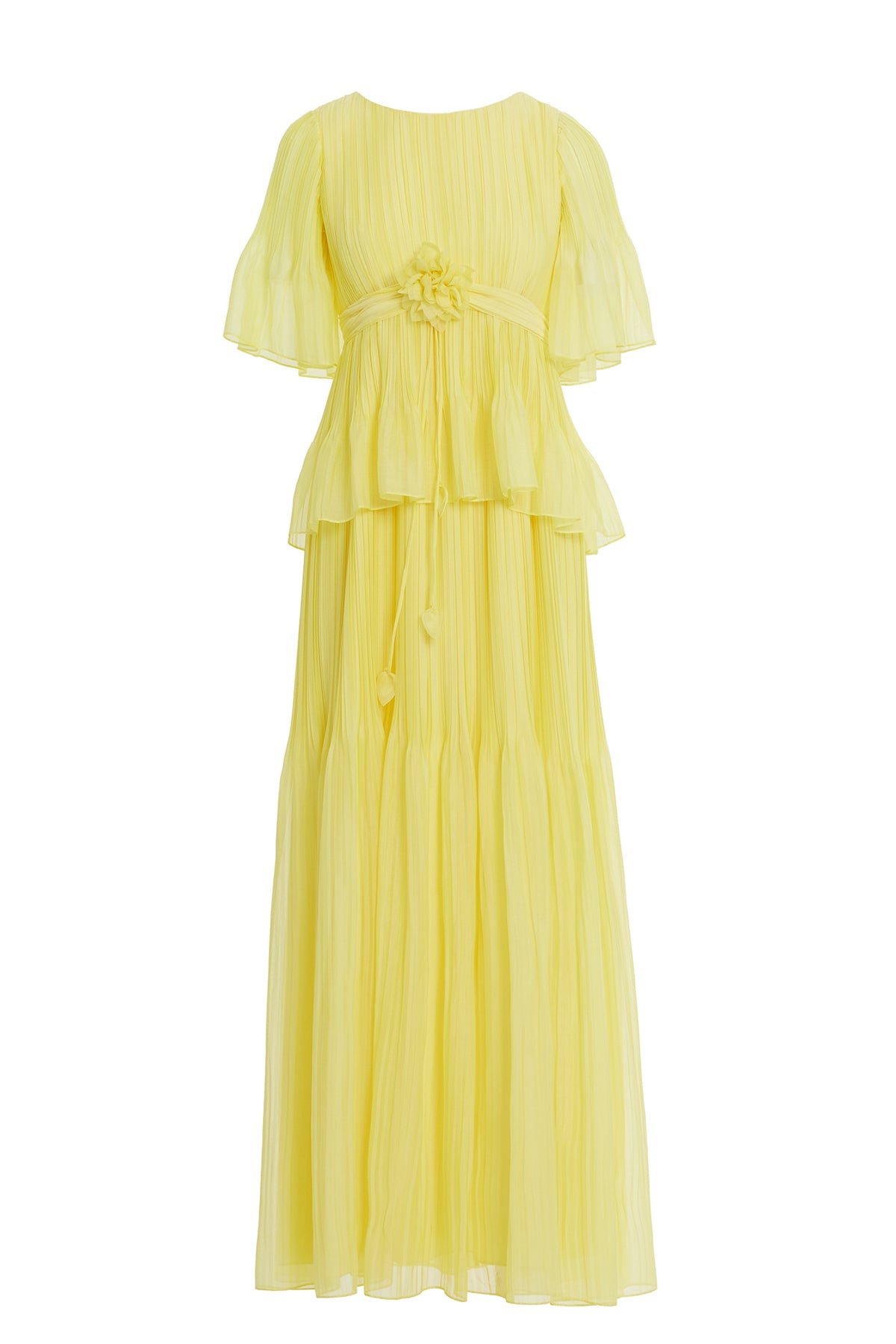 Çiçek Detaylı Piliseli Şifon Uzun Elbise