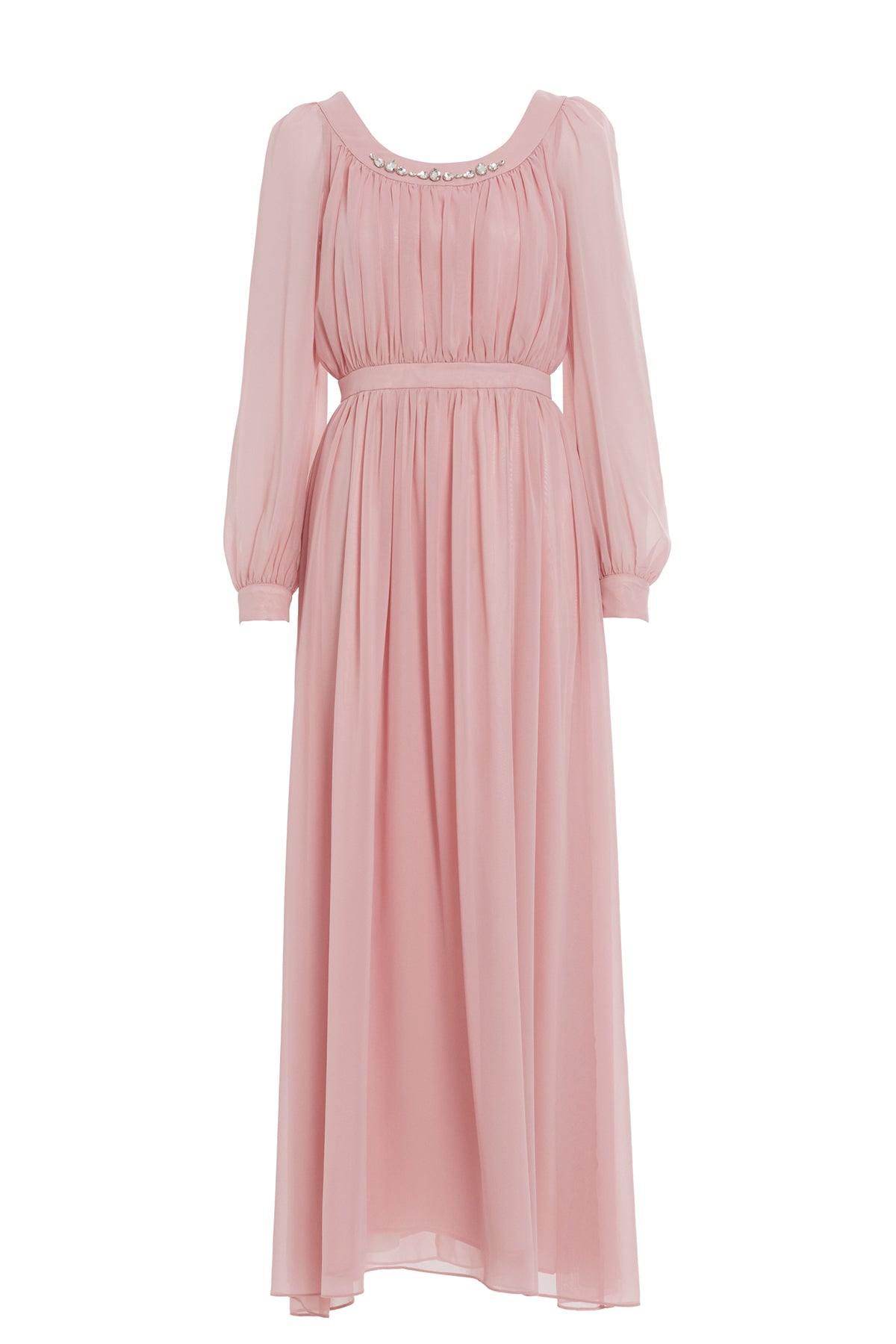 Büzgülü Yakası İşleme Detaylı Eteği Kloş Abiye Uzun Elbise