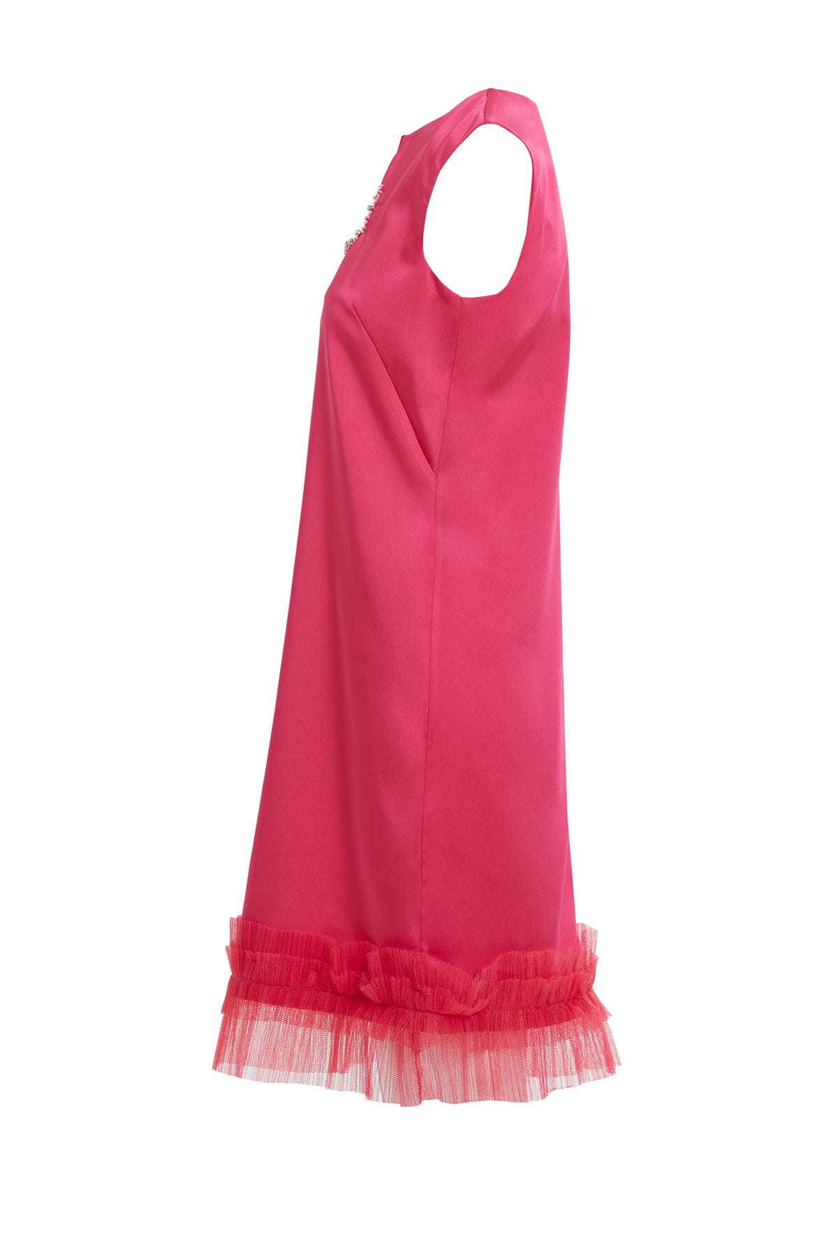 Asimetrik Yaka İşlemeli Tül Detaylı Kısa Elbise