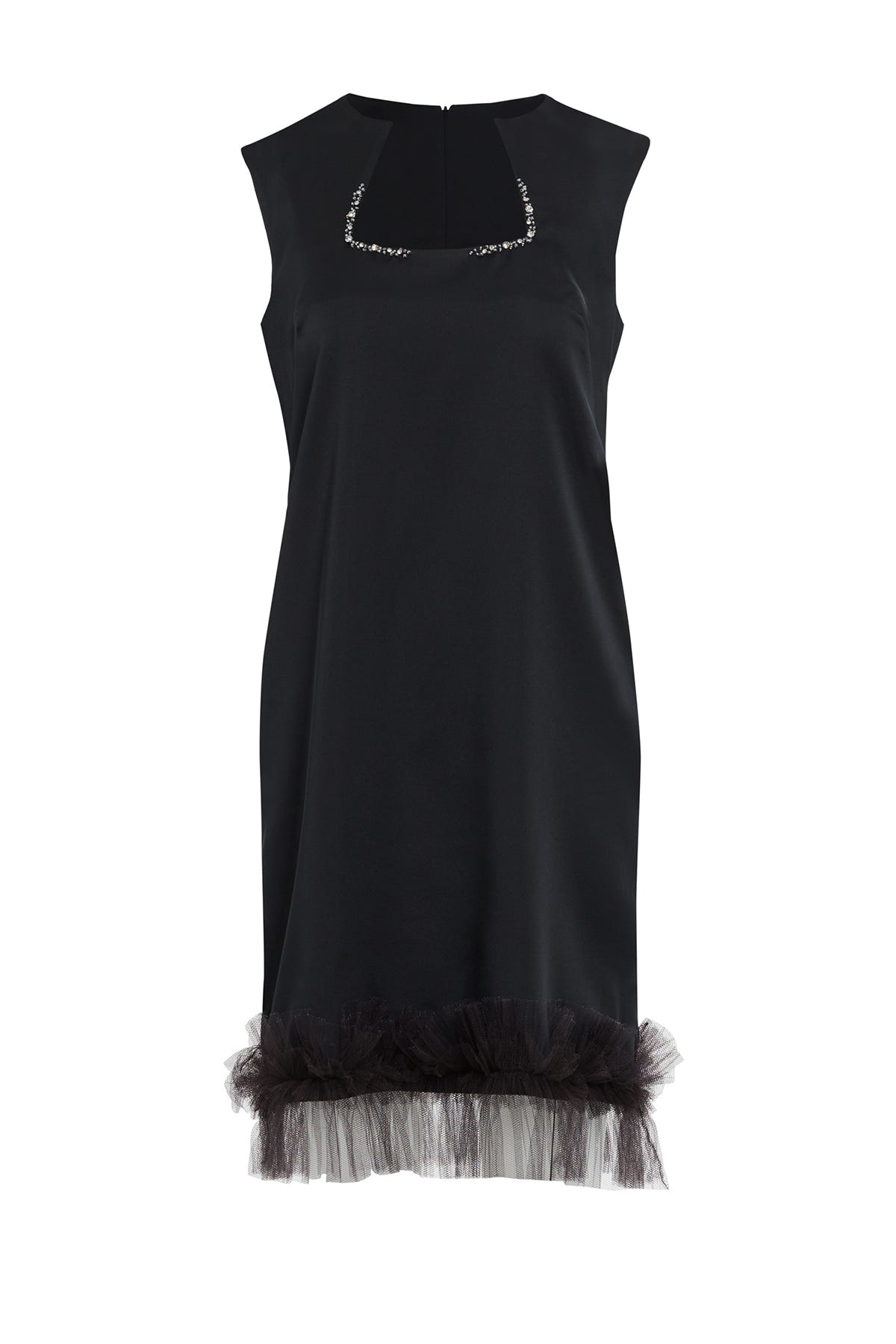 Asimetrik Yaka İşlemeli Tül Detaylı Kısa Elbise