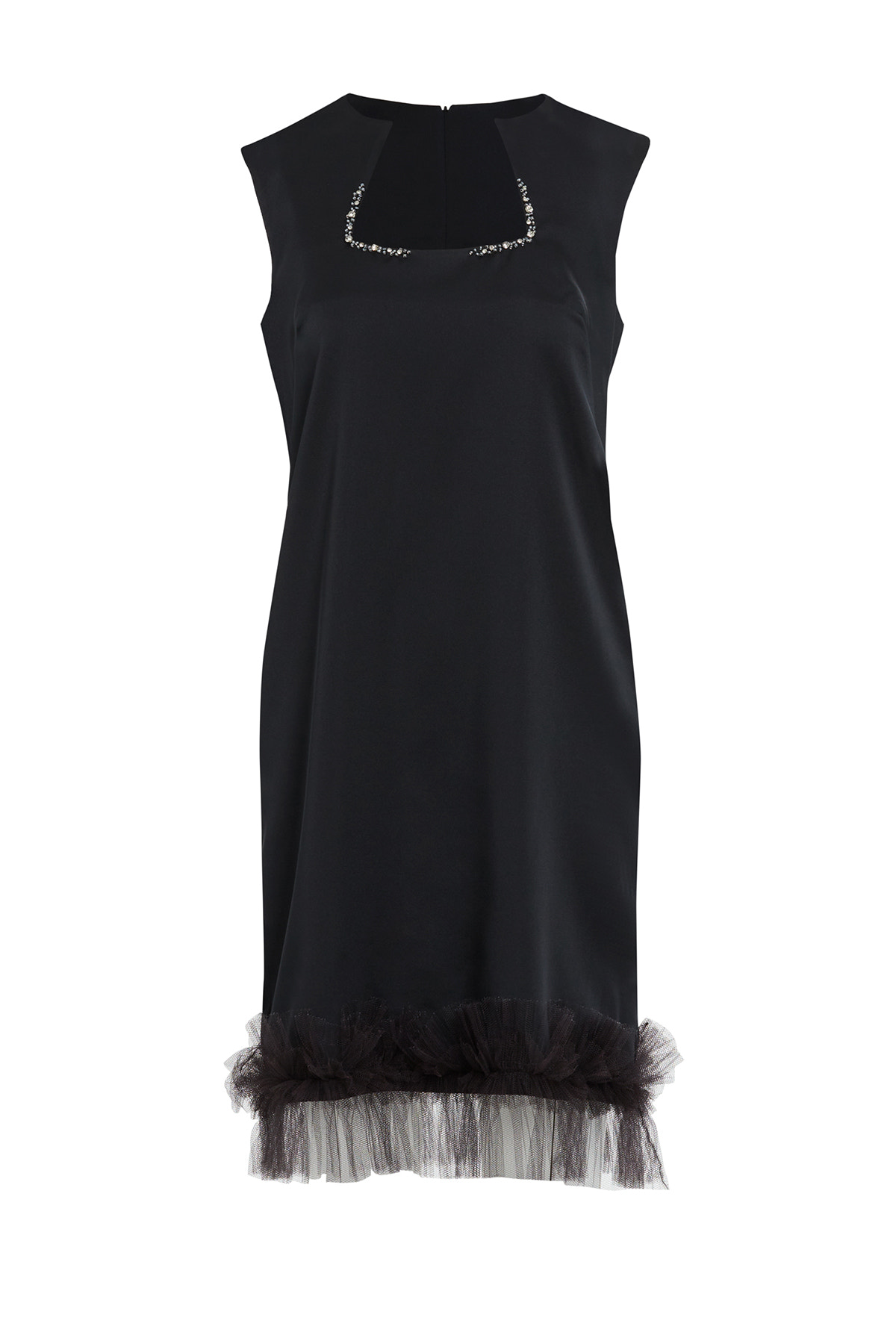 Asimetrik Yaka İşlemeli Tül Detaylı Kısa Elbise