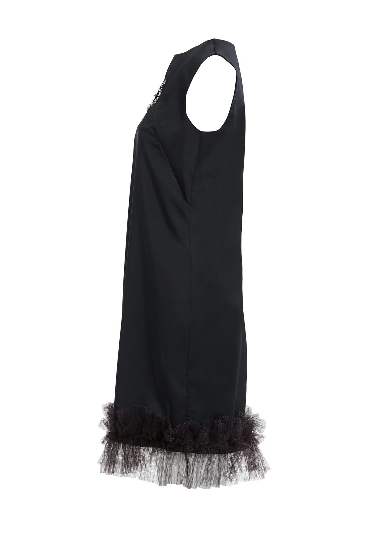 Asimetrik Yaka İşlemeli Tül Detaylı Kısa Elbise