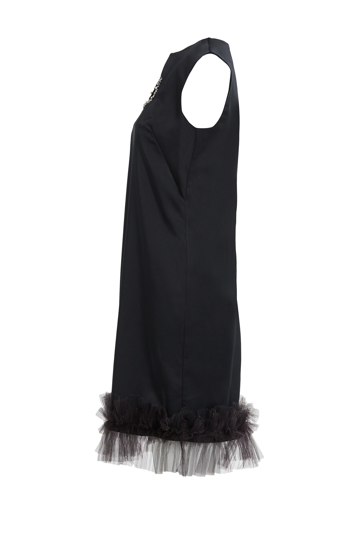 Asimetrik Yaka İşlemeli Tül Detaylı Kısa Elbise