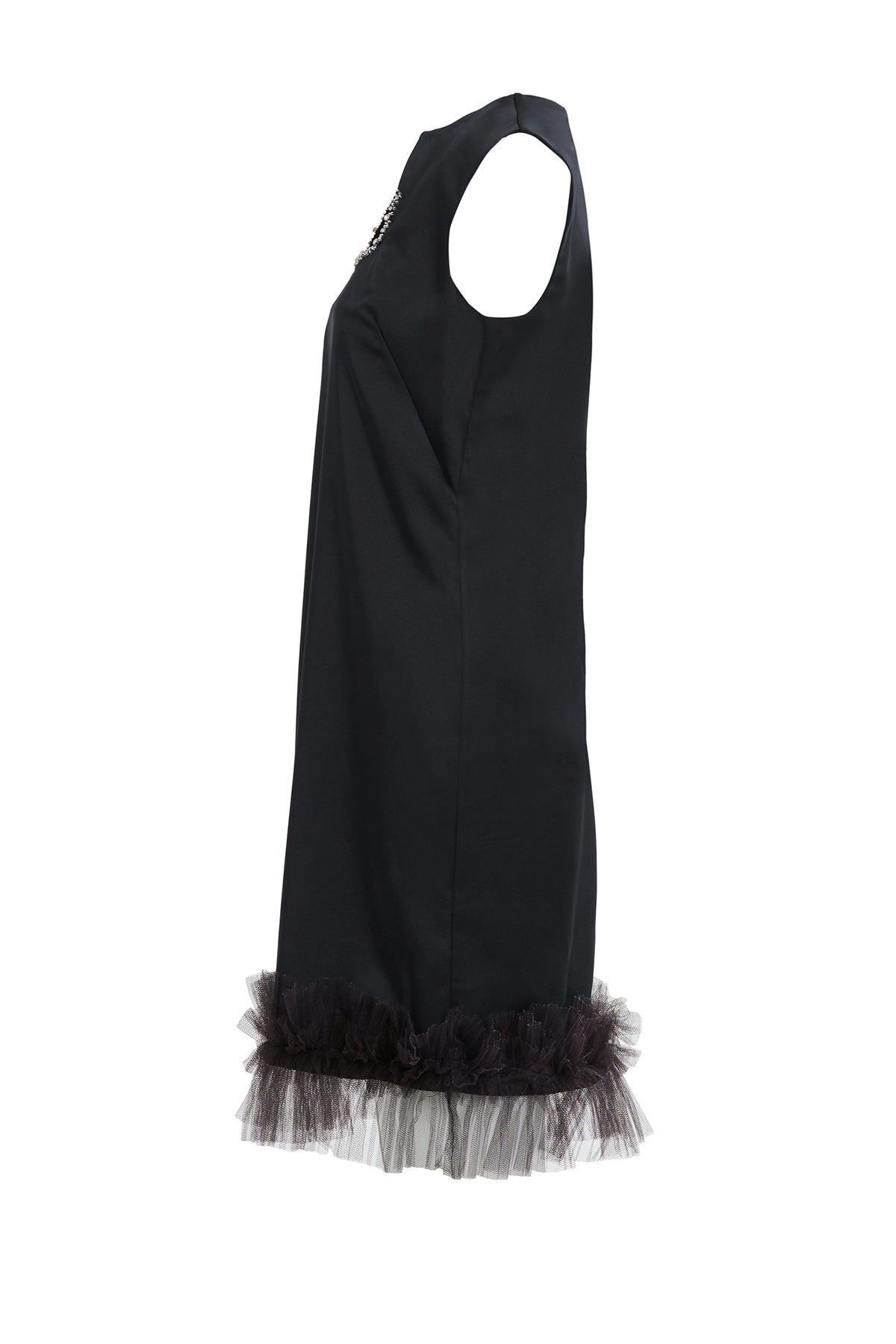 Asimetrik Yaka İşlemeli Tül Detaylı Kısa Elbise