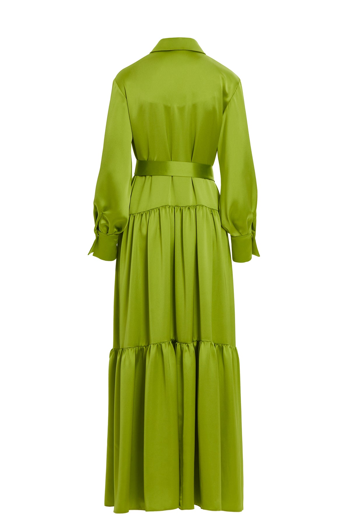 Yakası İşlemeli Kuşaklı Saten Abiye Uzun Elbise