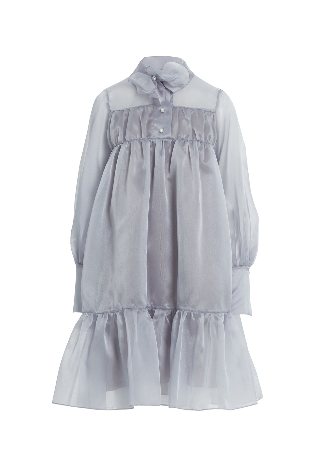 Çıkarılabilir Çiçek Detaylı, Etek Ucu Büzgülü Transparan Midi Elbise