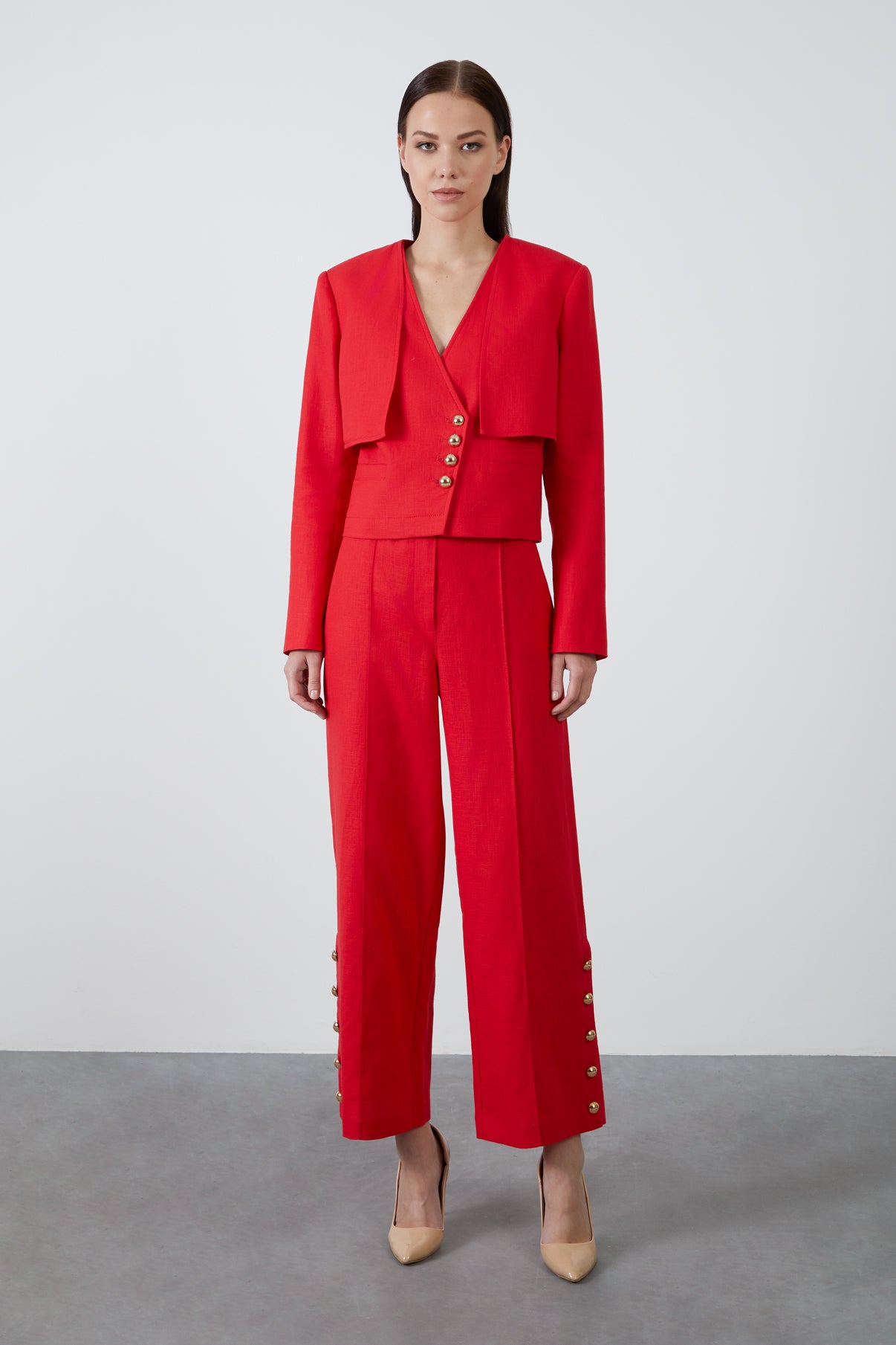 Düğmeli Kutu Form Keten Ceket