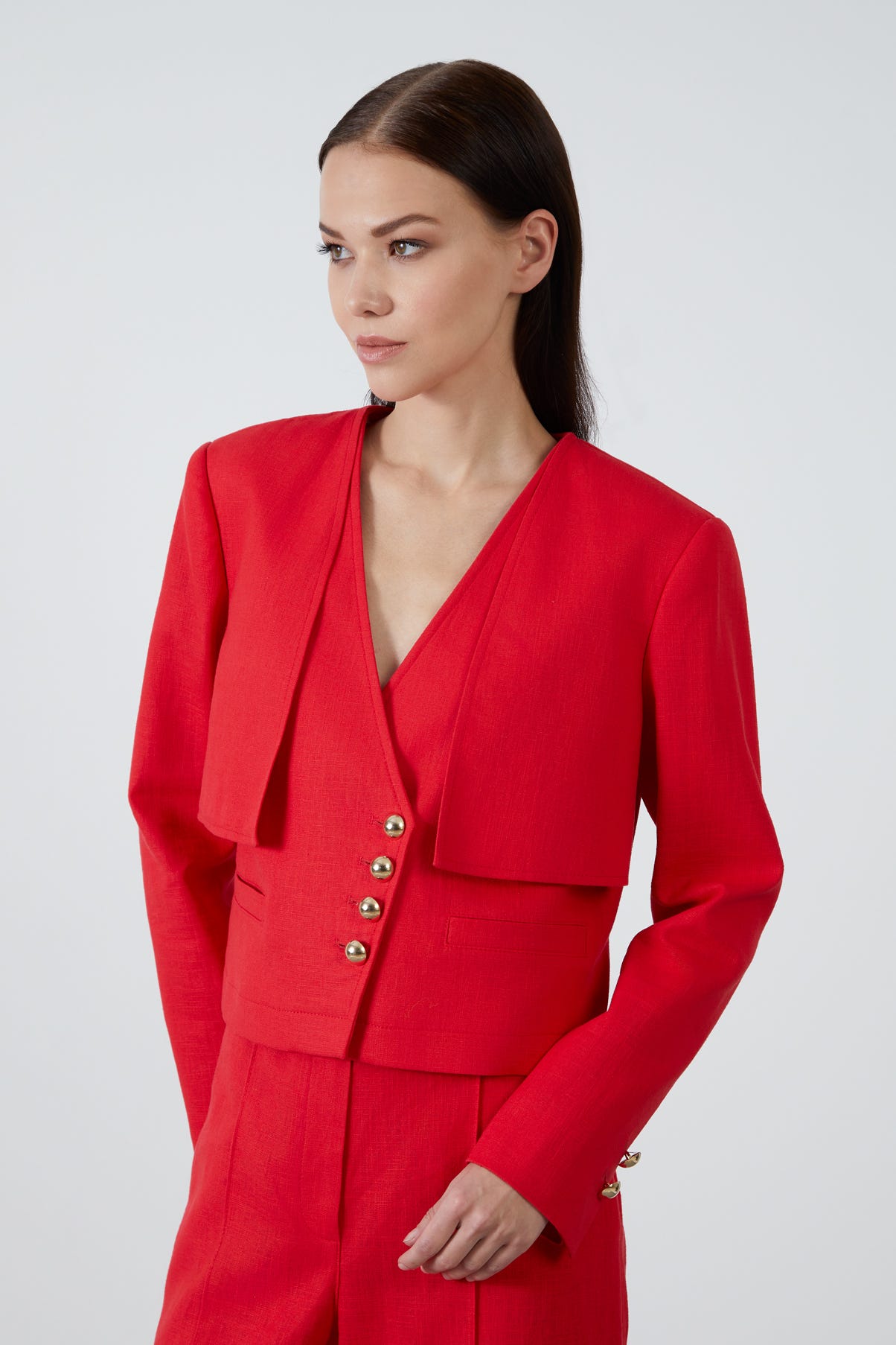 Düğmeli Kutu Form Keten Ceket