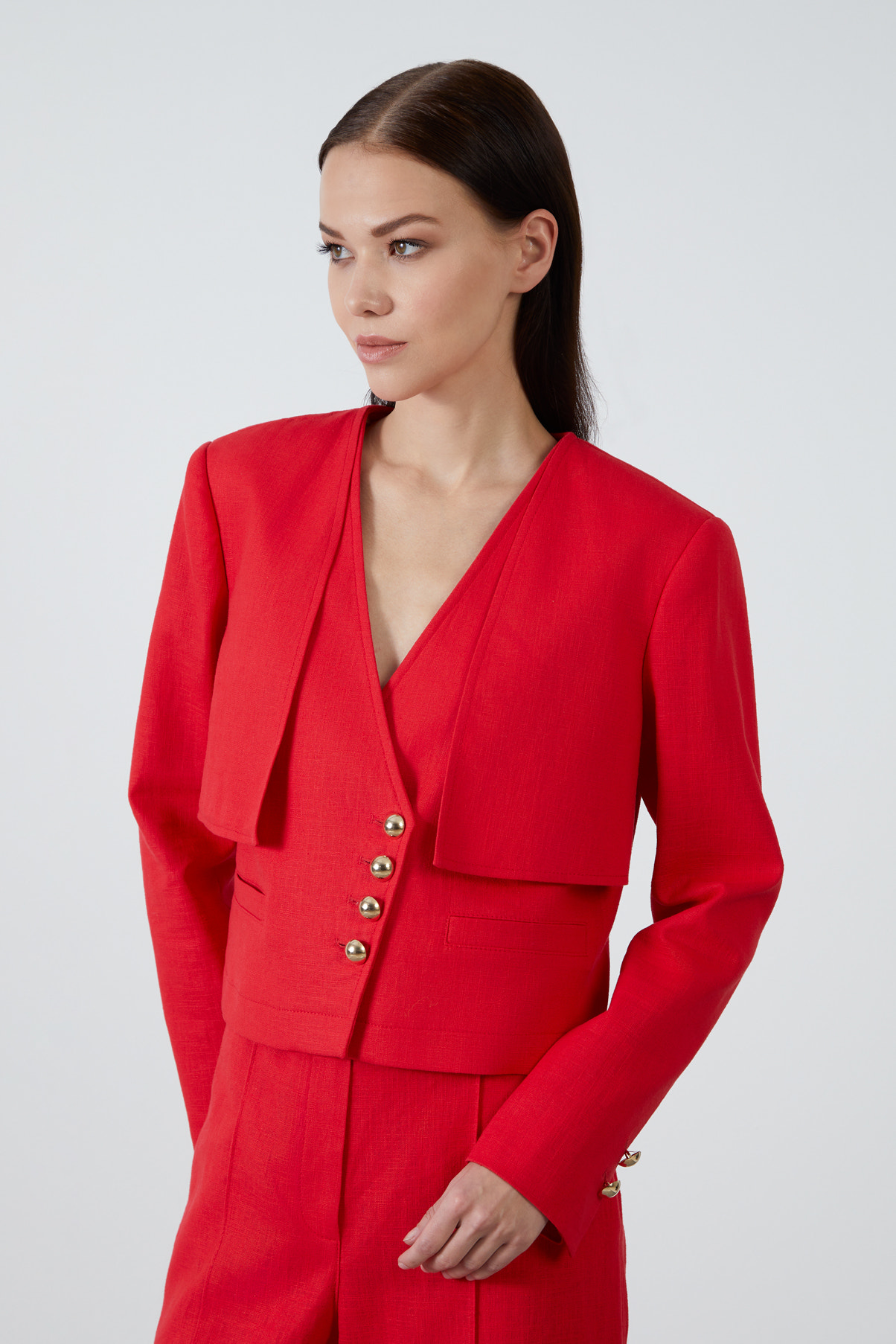 Düğmeli Kutu Form Keten Ceket