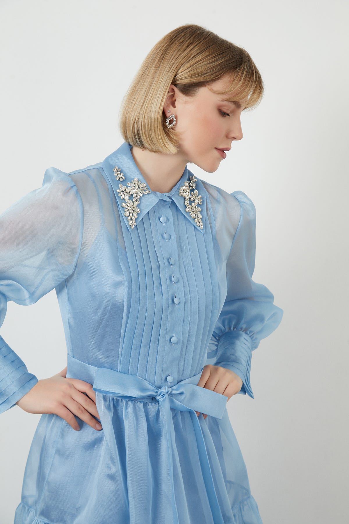 İşlemeli Gömlek Yaka Mavi Uzun Elbise