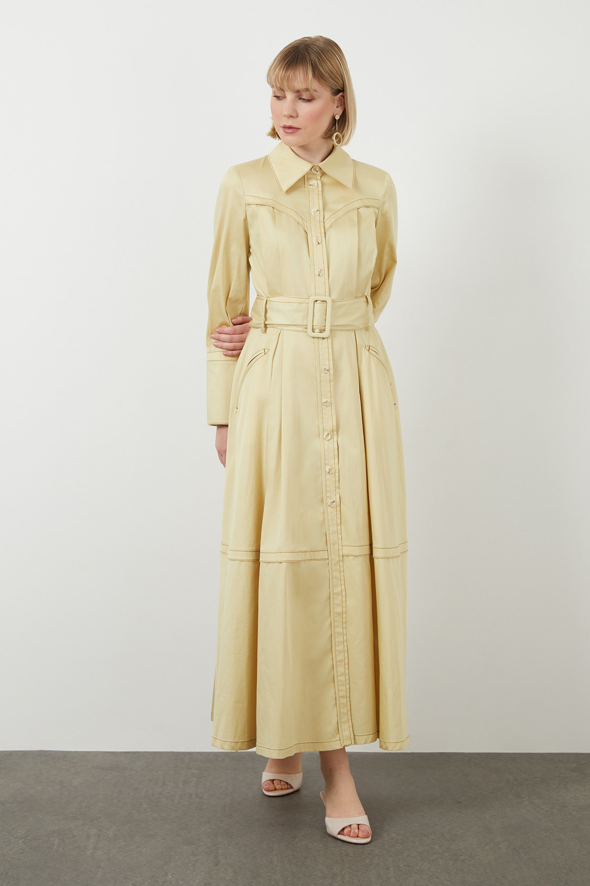 Seyyar Kuşaklı Astarsız Maxi Elbise