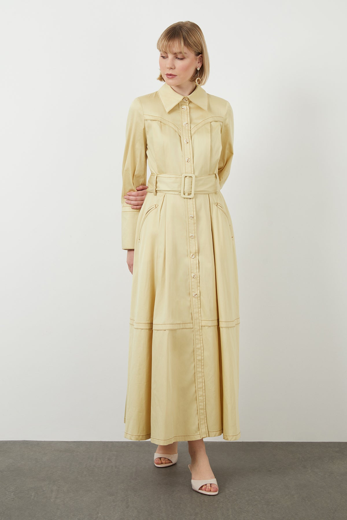 Seyyar Kuşaklı Astarsız Maxi Elbise