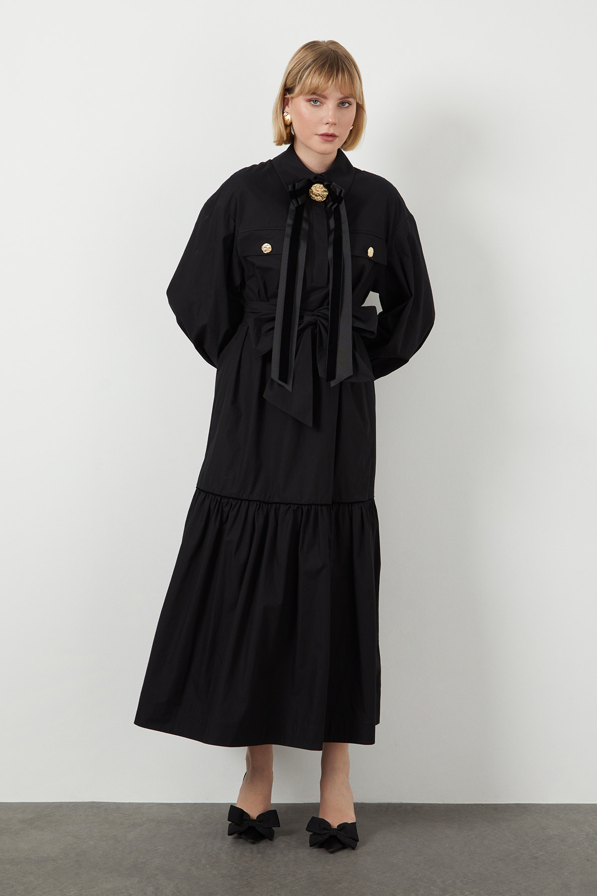 Fiyonk Ve Şerit Detaylı Maxi Astarsız Elbise