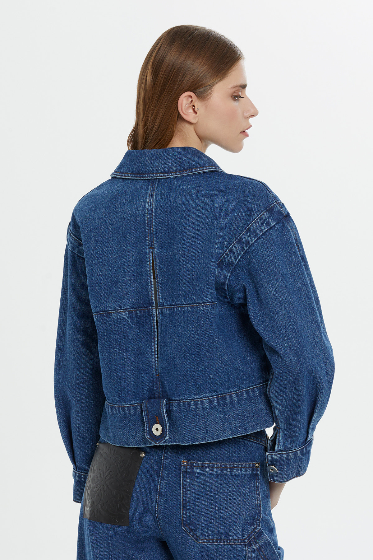 Deri Detaylı Kısa Lacivert Denim Ceket