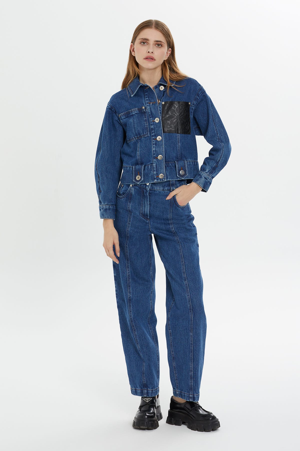 Deri Detaylı Kısa Lacivert Denim Ceket