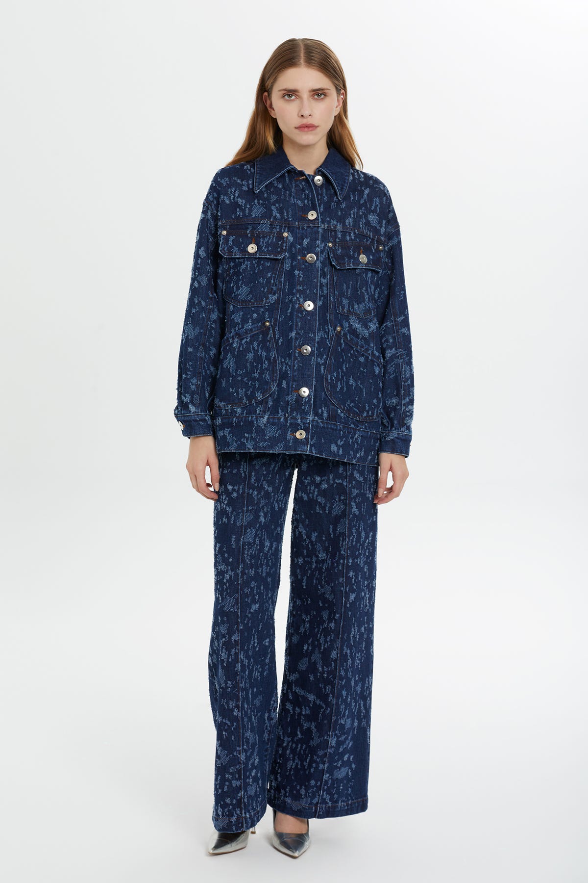 Desenli Lacivert Denim Ceket