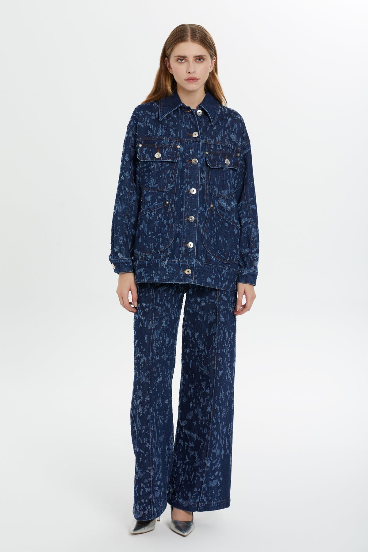 Desenli Lacivert Denim Ceket