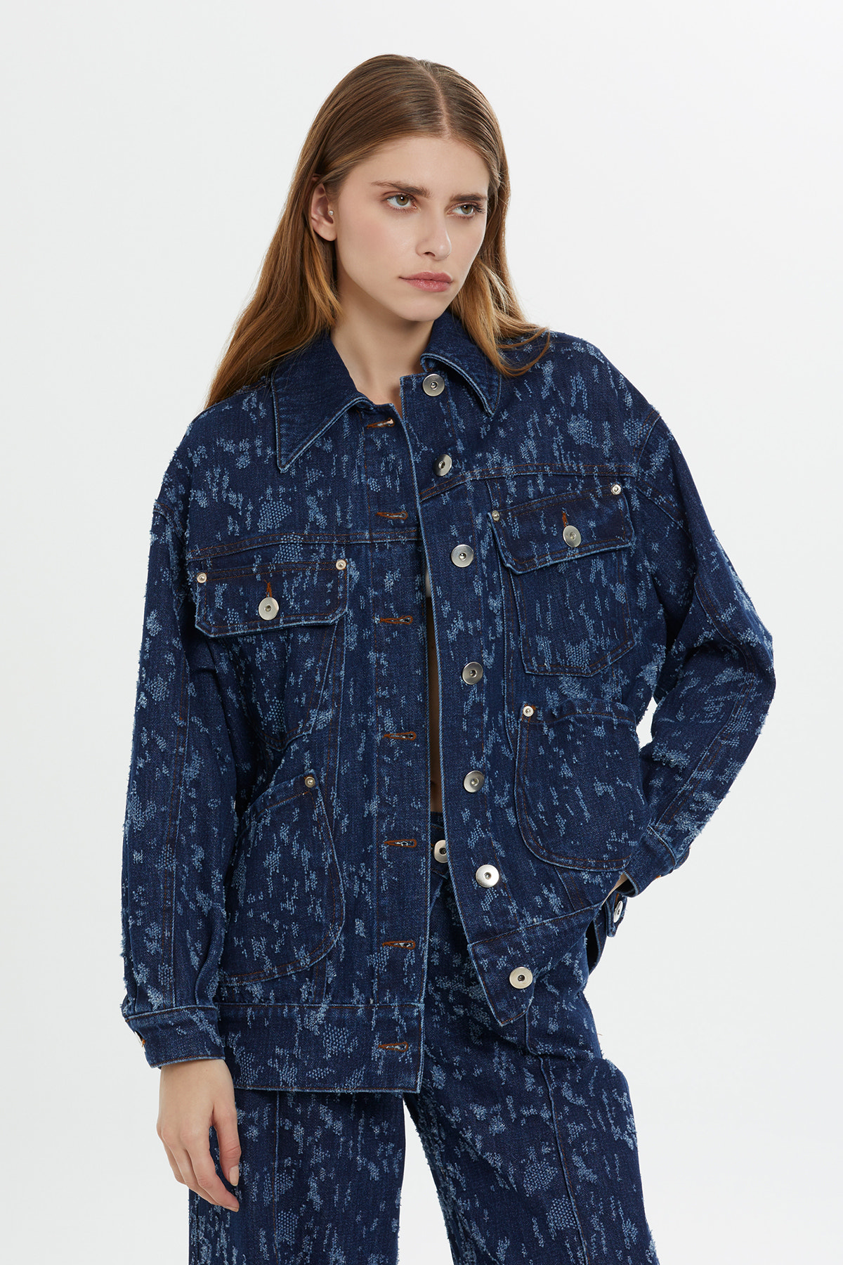 Desenli Lacivert Denim Ceket