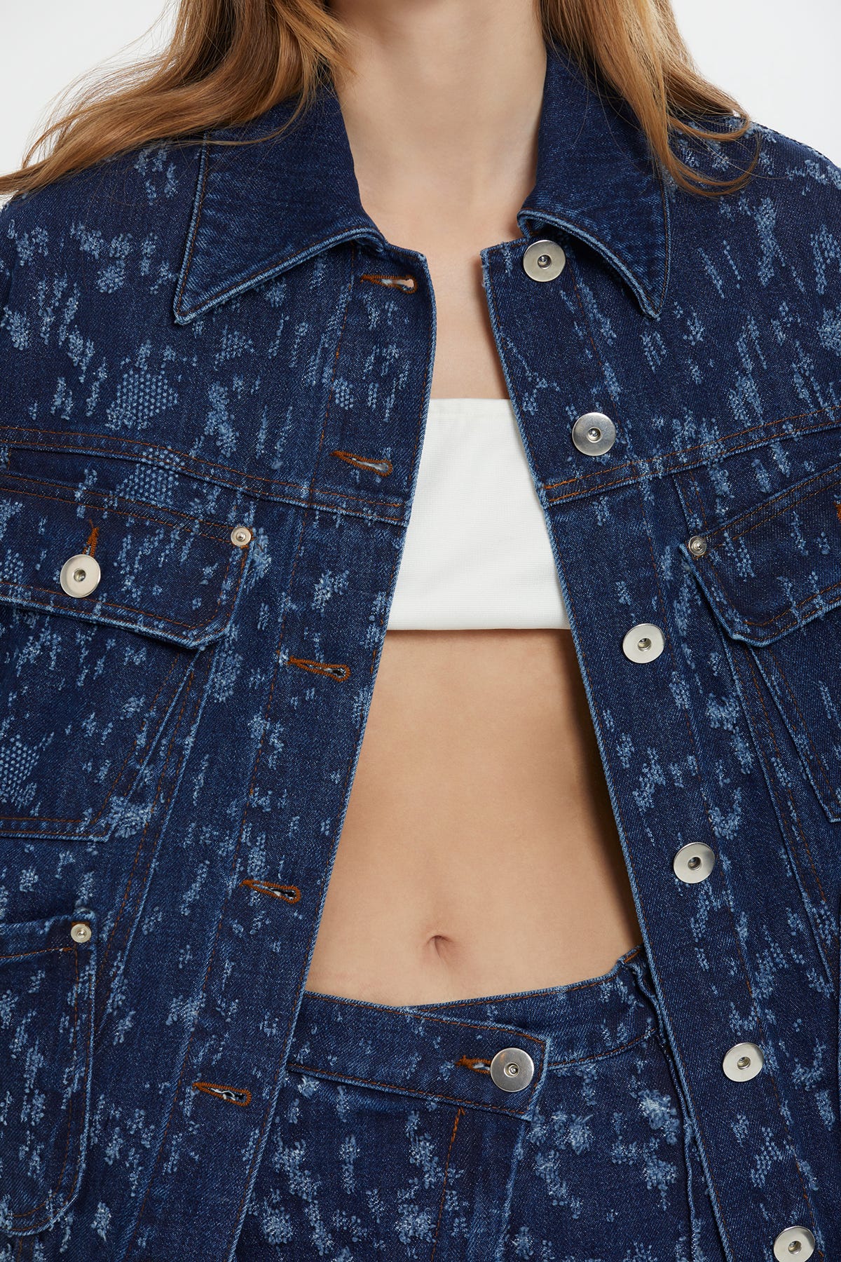 Desenli Lacivert Denim Ceket